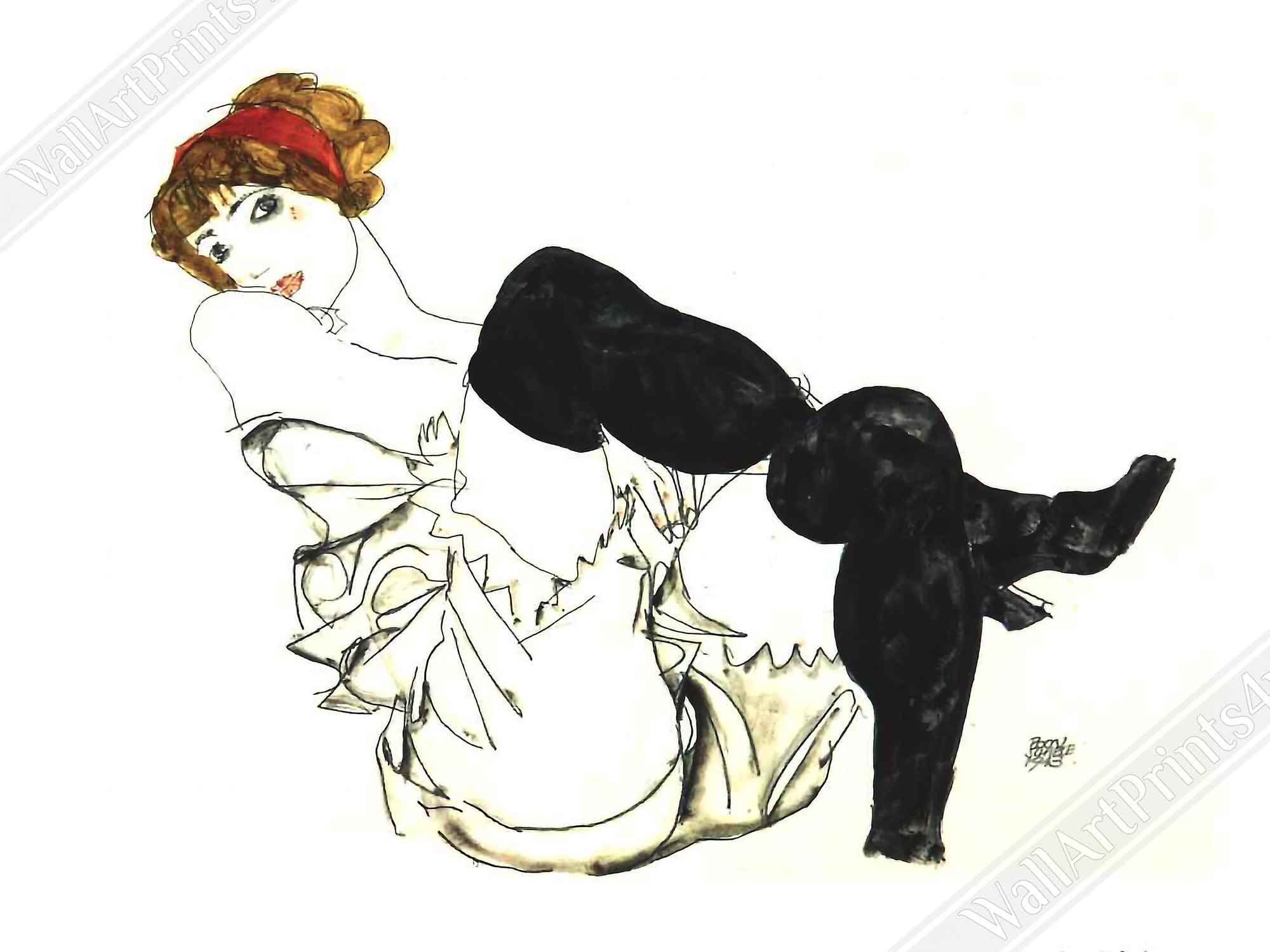 Egon Schiele Poster Print, Woman With Black Stockings, Vintage Print 1913 - WallArtPrints4U
