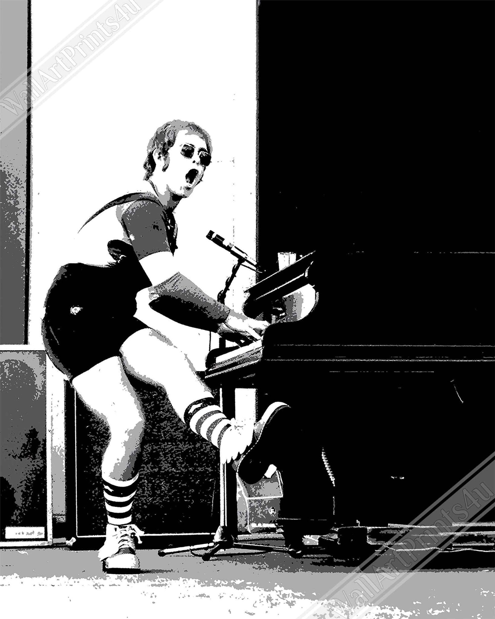 Elton John Framed Print, In Concert Liseberg 1970s, Vintage Photo, Elton John Print - Stencil Black & White Version - WallArtPrints4U