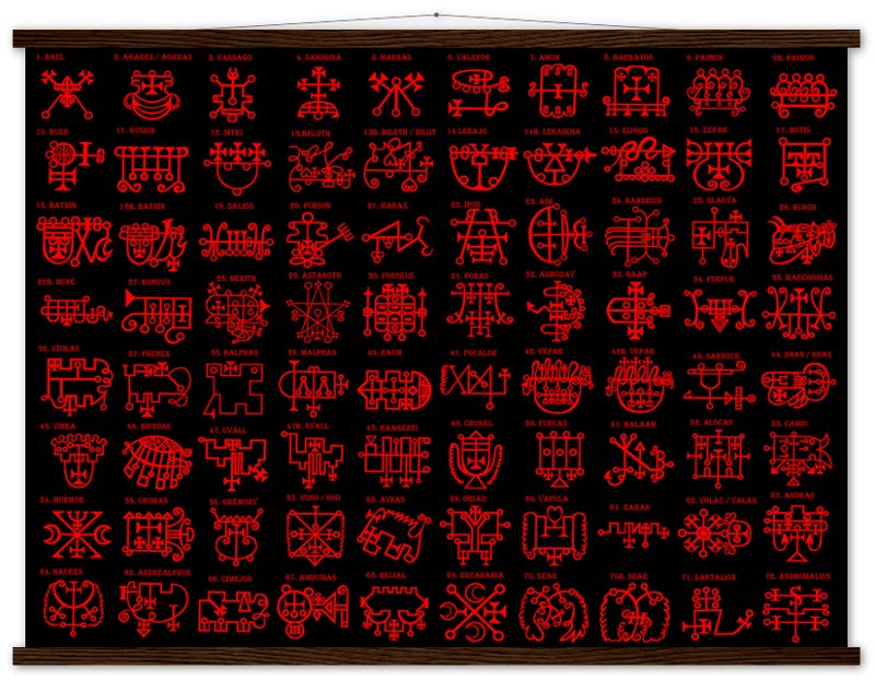 Goetia Sigils Poster, Red on Black, Goetia Demons Poster - Goetia Symbols For Conjuration Of Demons - WallArtPrints4U