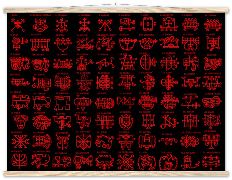 Goetia Sigils Poster, Red on Black, Goetia Demons Poster - Goetia Symbols For Conjuration Of Demons - WallArtPrints4U