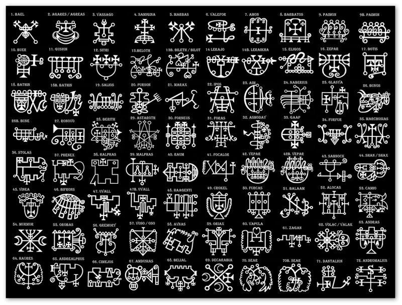 Goetia Sigils Poster, White on Black, Goetia Demons Poster - Goetia Symbols For Conjuration Of Demons - WallArtPrints4U