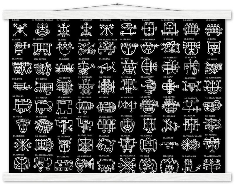 Goetia Sigils Poster, White on Black, Goetia Demons Poster - Goetia Symbols For Conjuration Of Demons - WallArtPrints4U