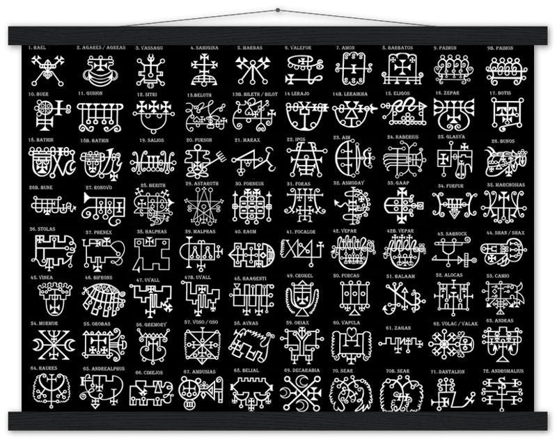 Goetia Sigils Poster, White on Black, Goetia Demons Poster - Goetia Symbols For Conjuration Of Demons - WallArtPrints4U