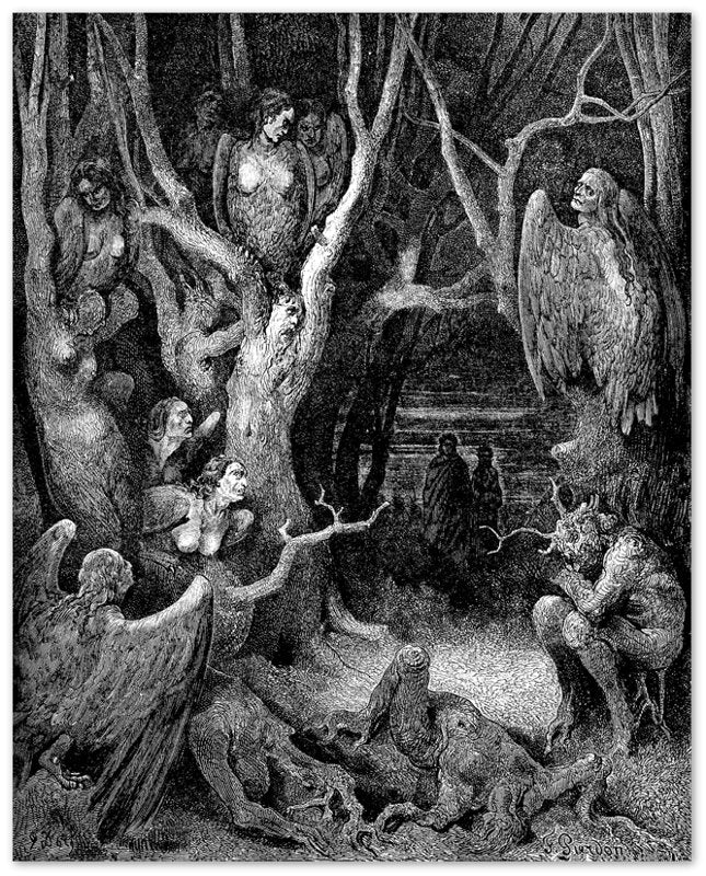 Gustav Dore Poster - Forest Of Suicides Poster - Halloween Gothic Print, Harpies Torment The Human Trees - WallArtPrints4U