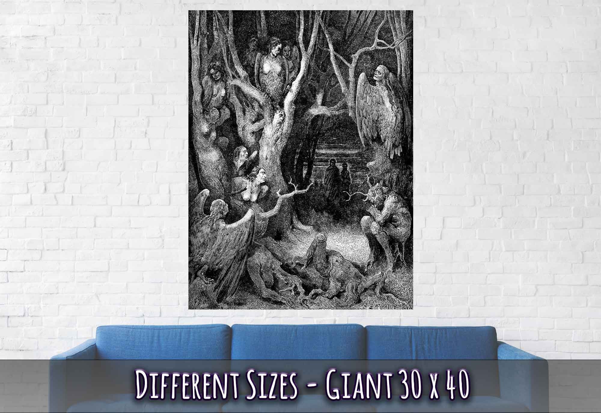 Gustav Dore Poster - Forest Of Suicides Poster - Halloween Gothic Print, Harpies Torment The Human Trees - WallArtPrints4U