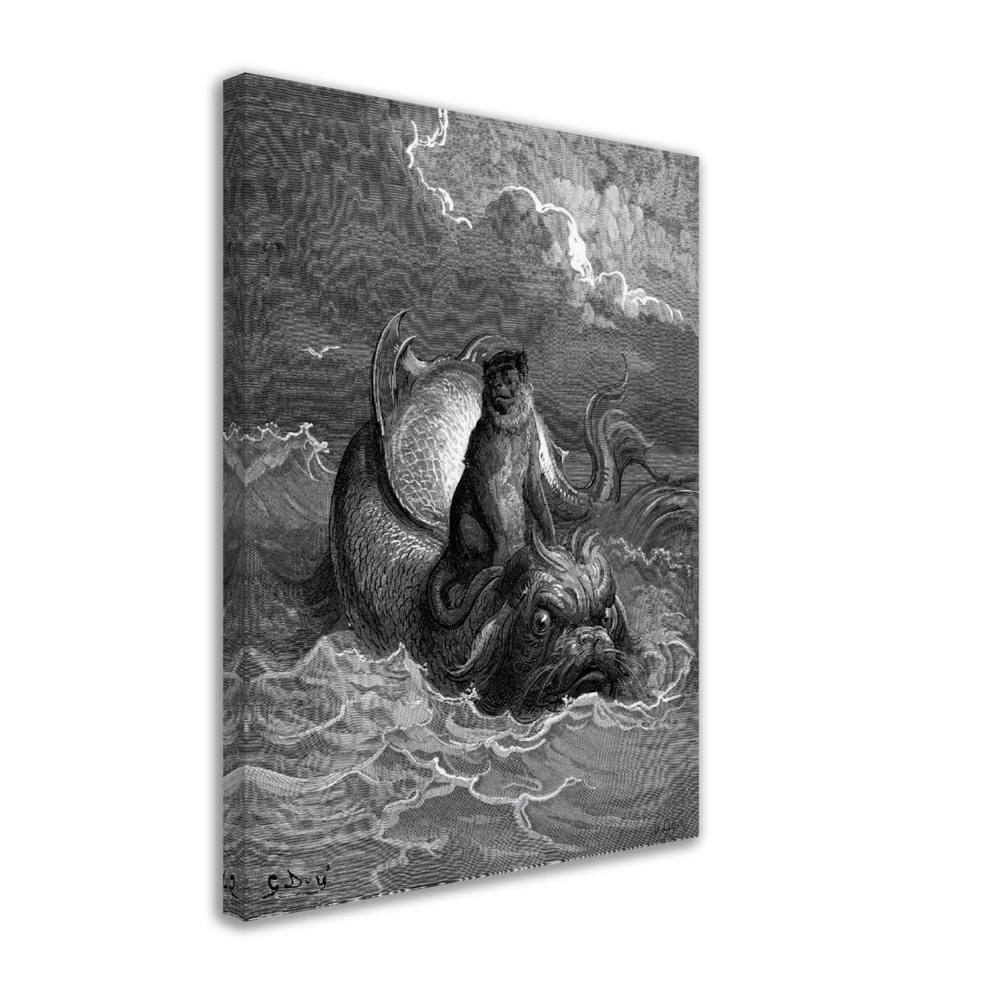 Gustave Dore Canvas, Monkey And The Dolphin, From Fontaines Fables 1885 - WallArtPrints4U