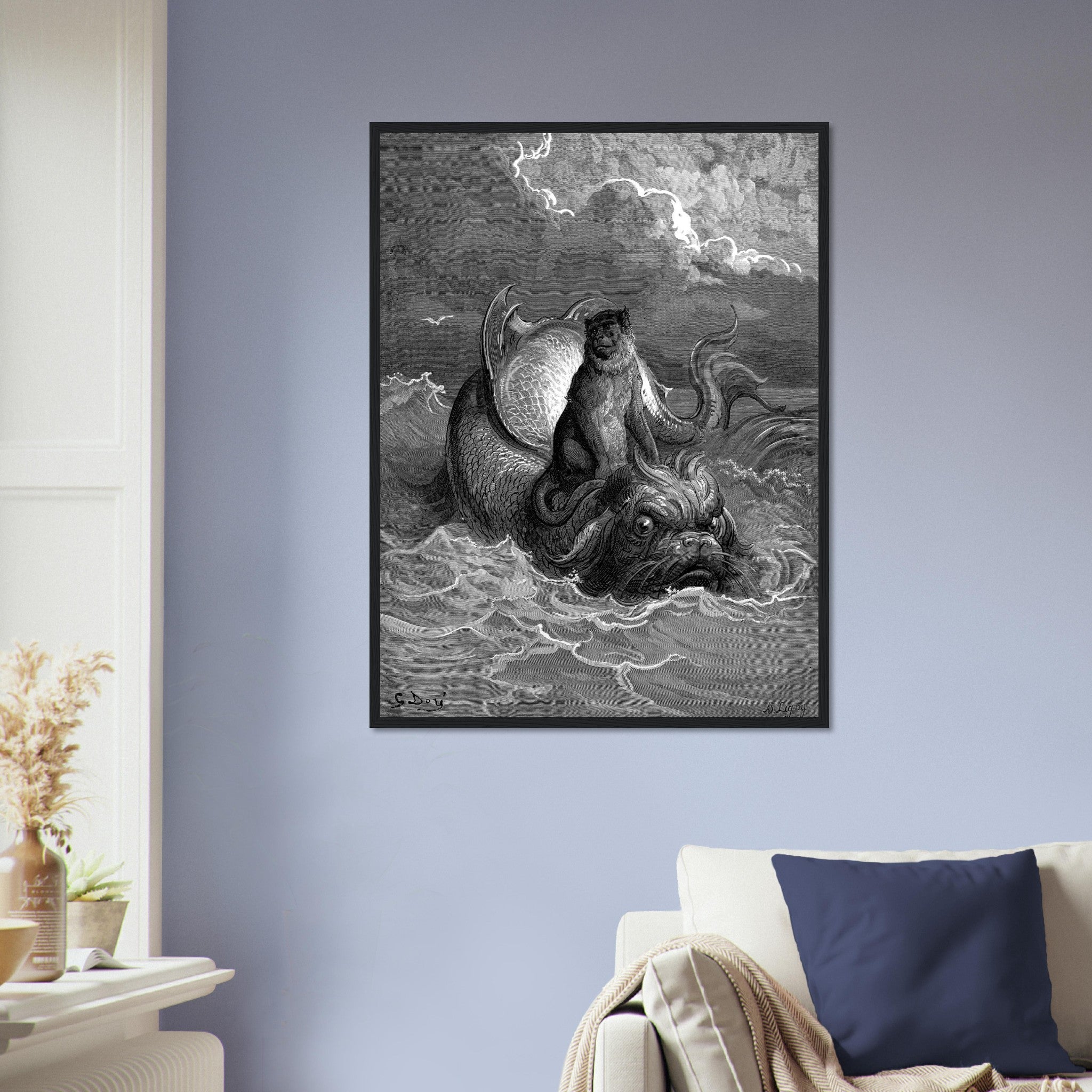 Gustave Dore Framed, Monkey And The Dolphin, From Fontaines Fables 1885 UK, EU, USA, AUS Domestic Shipping - WallArtPrints4U