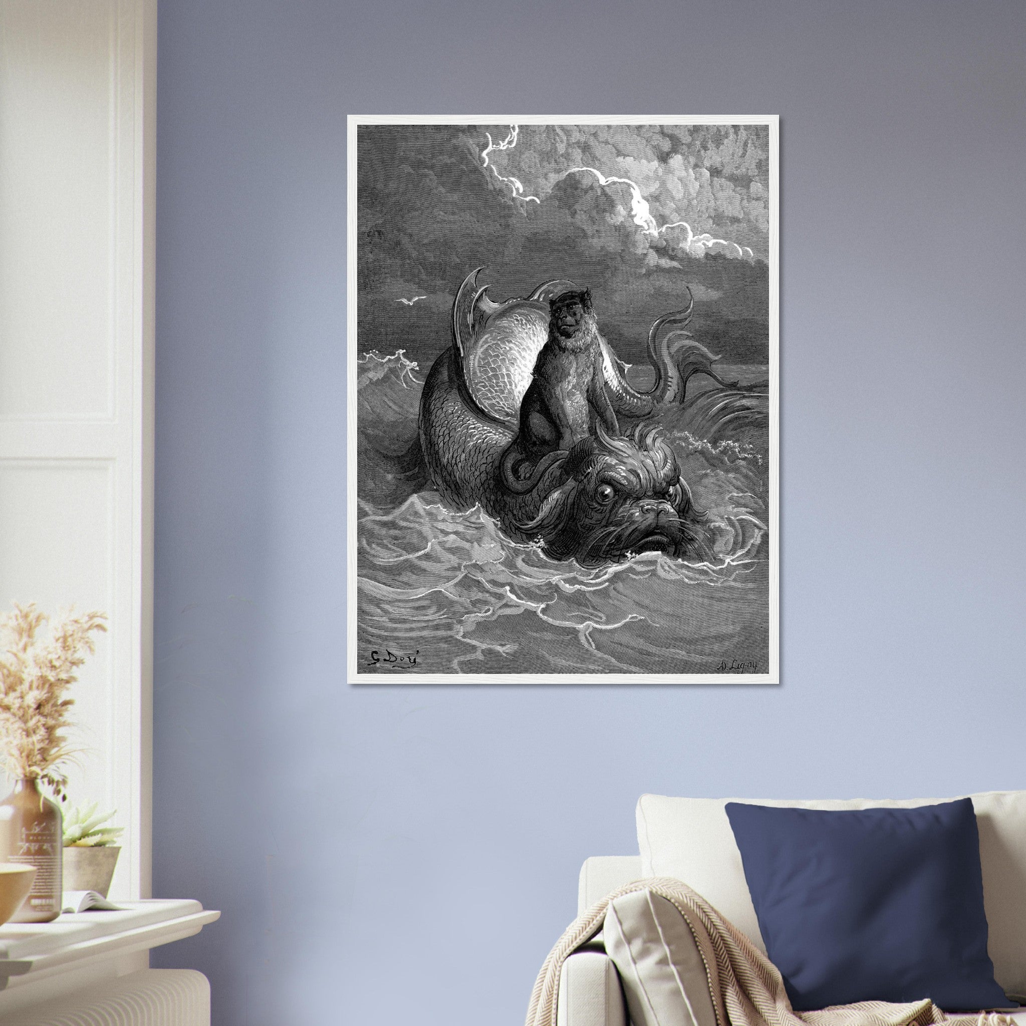 Gustave Dore Framed, Monkey And The Dolphin, From Fontaines Fables 1885 UK, EU, USA, AUS Domestic Shipping - WallArtPrints4U