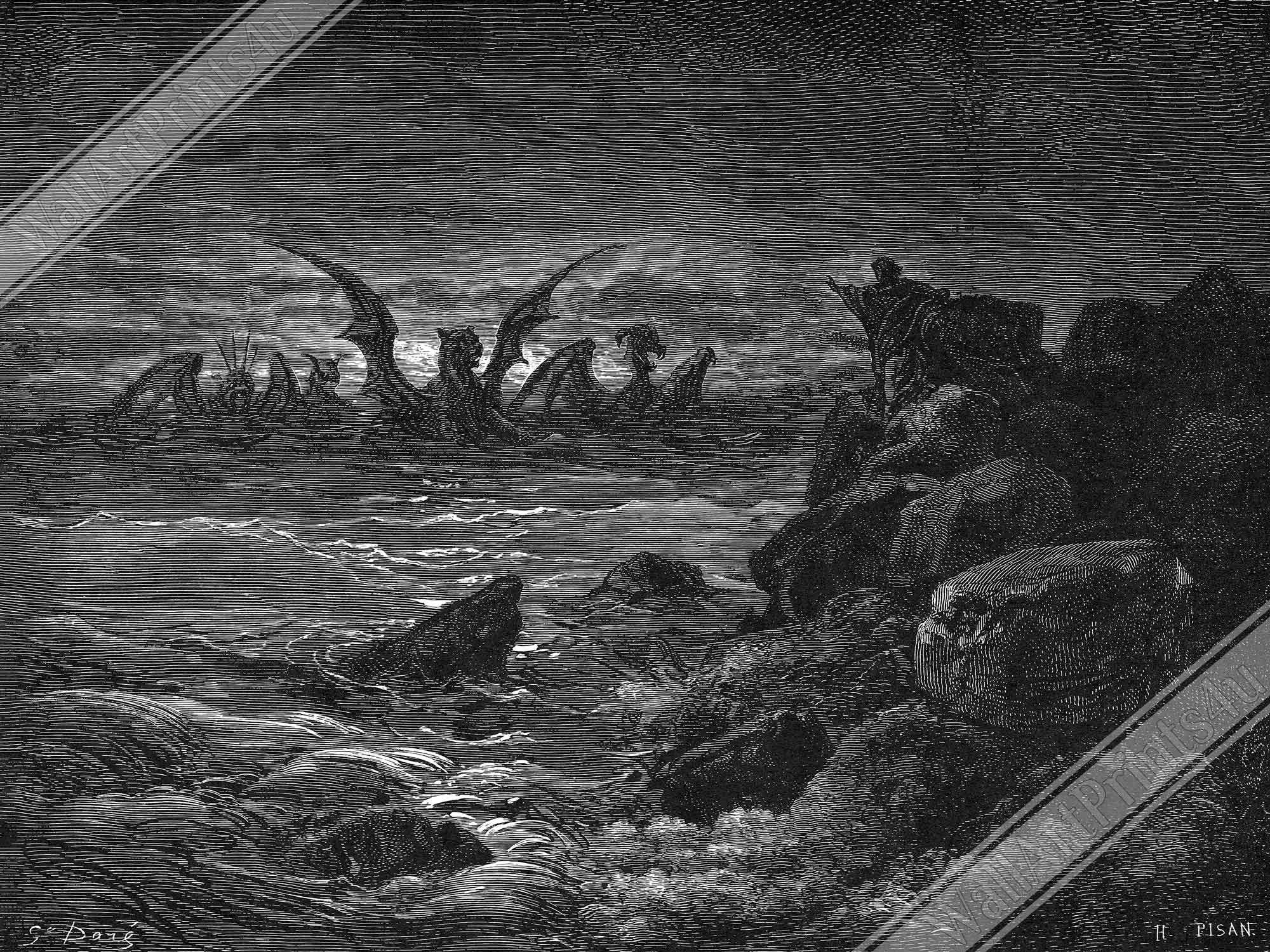 Gustave Dore Poster, Daniels Vision Of The Four Beasts Print, From La Grand Bible De Tours 1866 - WallArtPrints4U