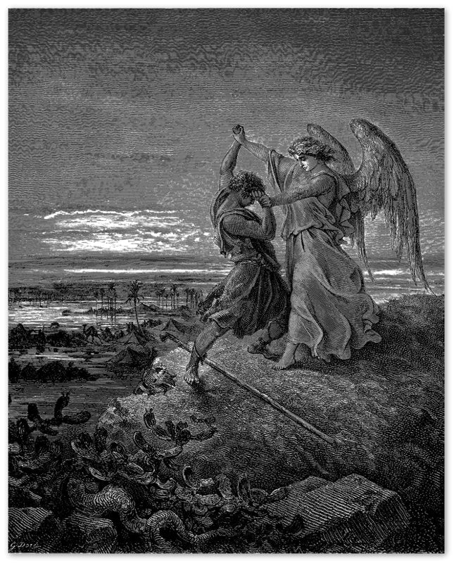 Gustave Dore Poster - Jacob Wrestles An Angel Print, From La Grand Bible De Tours 1843 - WallArtPrints4U