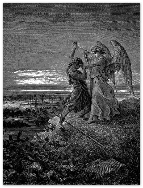 Gustave Dore Poster - Jacob Wrestles An Angel Print, From La Grand Bible De Tours 1843 - WallArtPrints4U