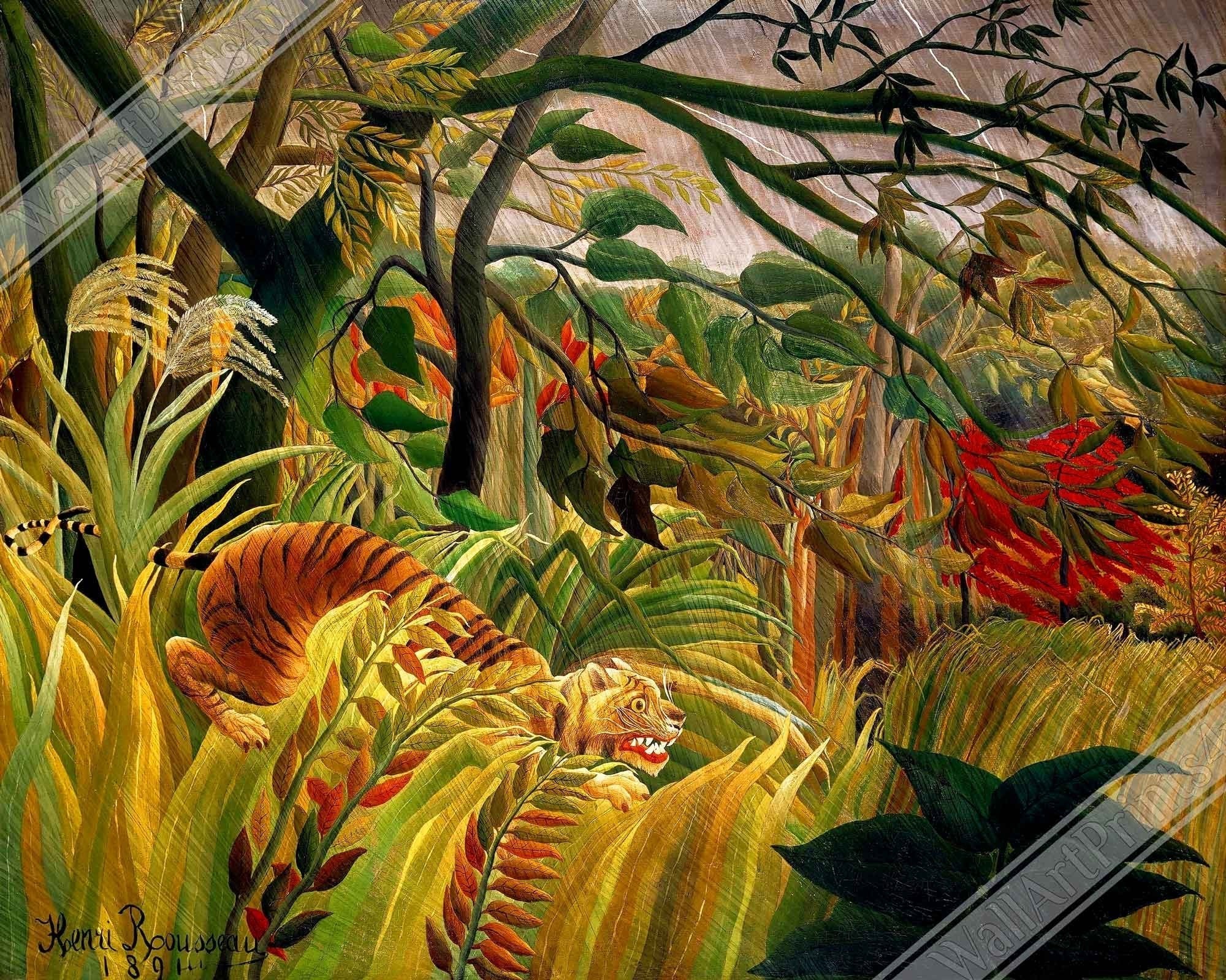 Henri Rousseau Framed Tiger In A Tropical Storm Framed Print Surprised Framed 1891 - WallArtPrints4U