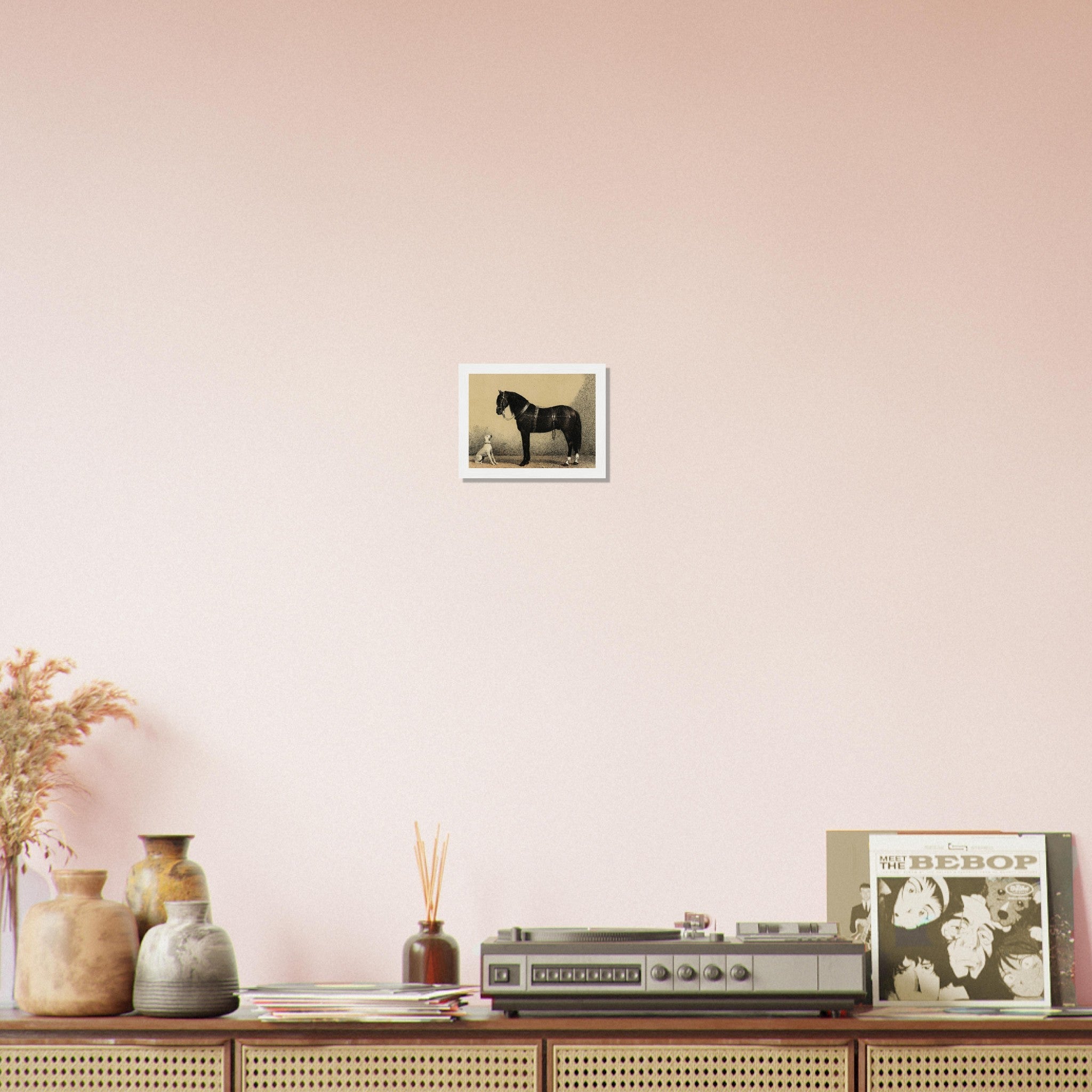 Horse And Dog Framed, Black Orloff Horse Looking At A White Dog, They Are Friends - WallArtPrints4U