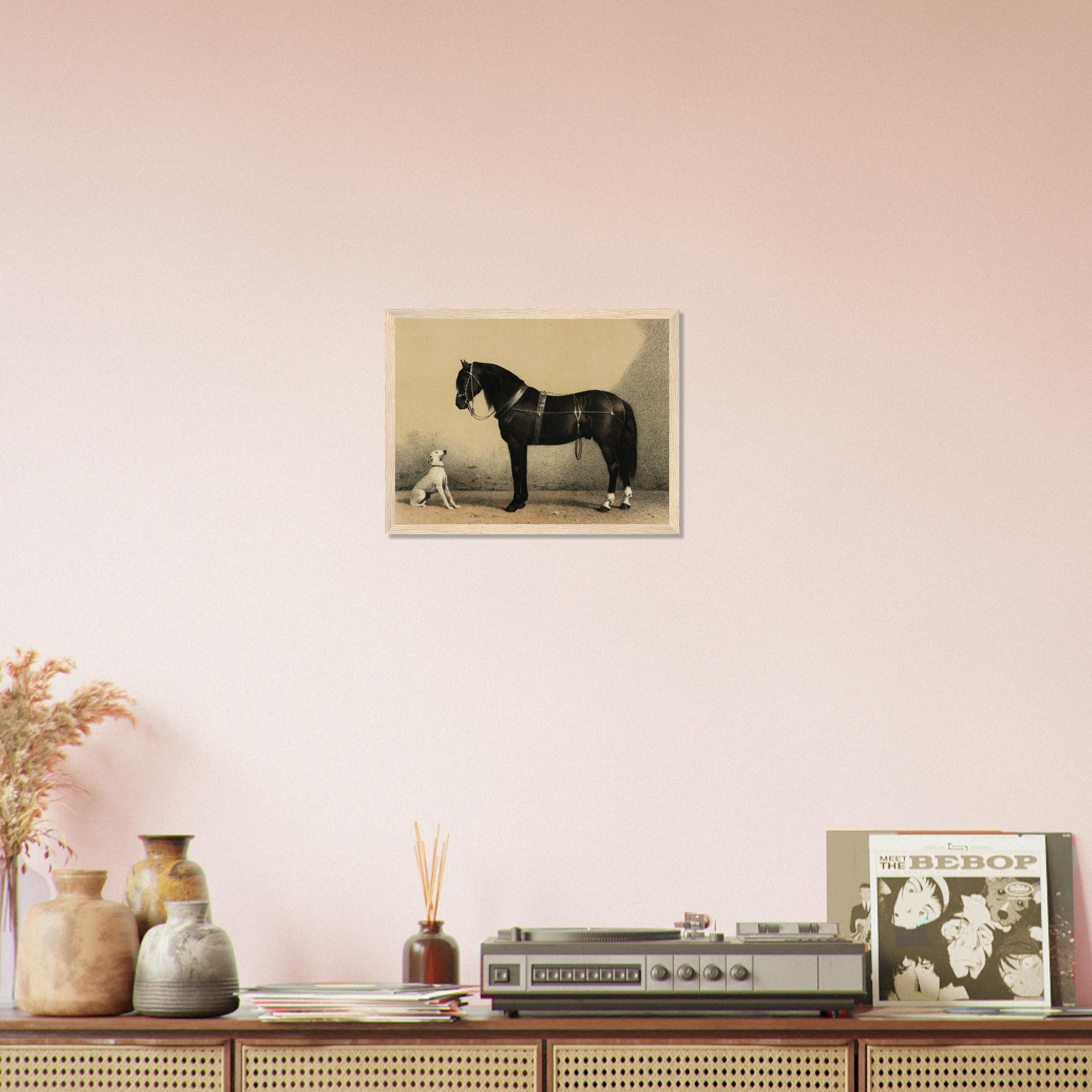 Horse And Dog Framed, Black Orloff Horse Looking At A White Dog, They Are Friends - WallArtPrints4U