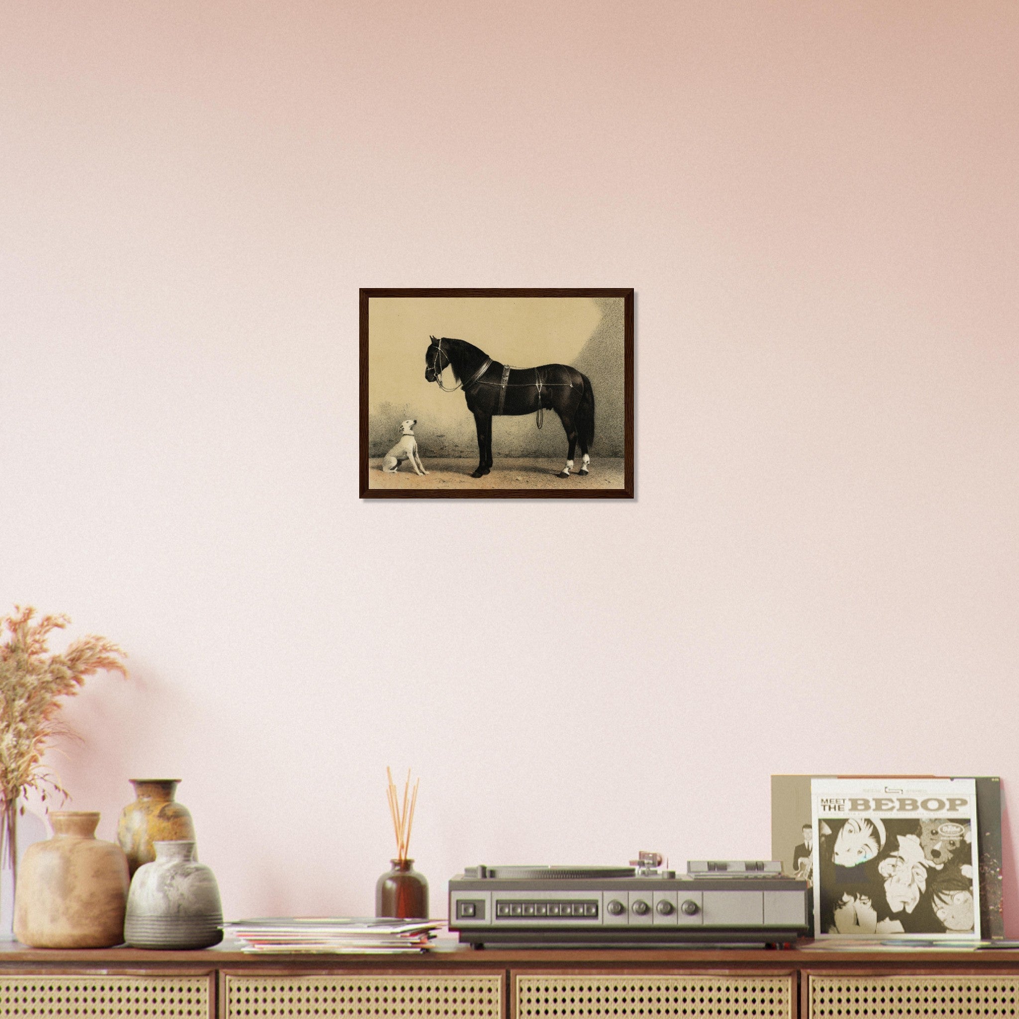 Horse And Dog Framed, Black Orloff Horse Looking At A White Dog, They Are Friends - WallArtPrints4U