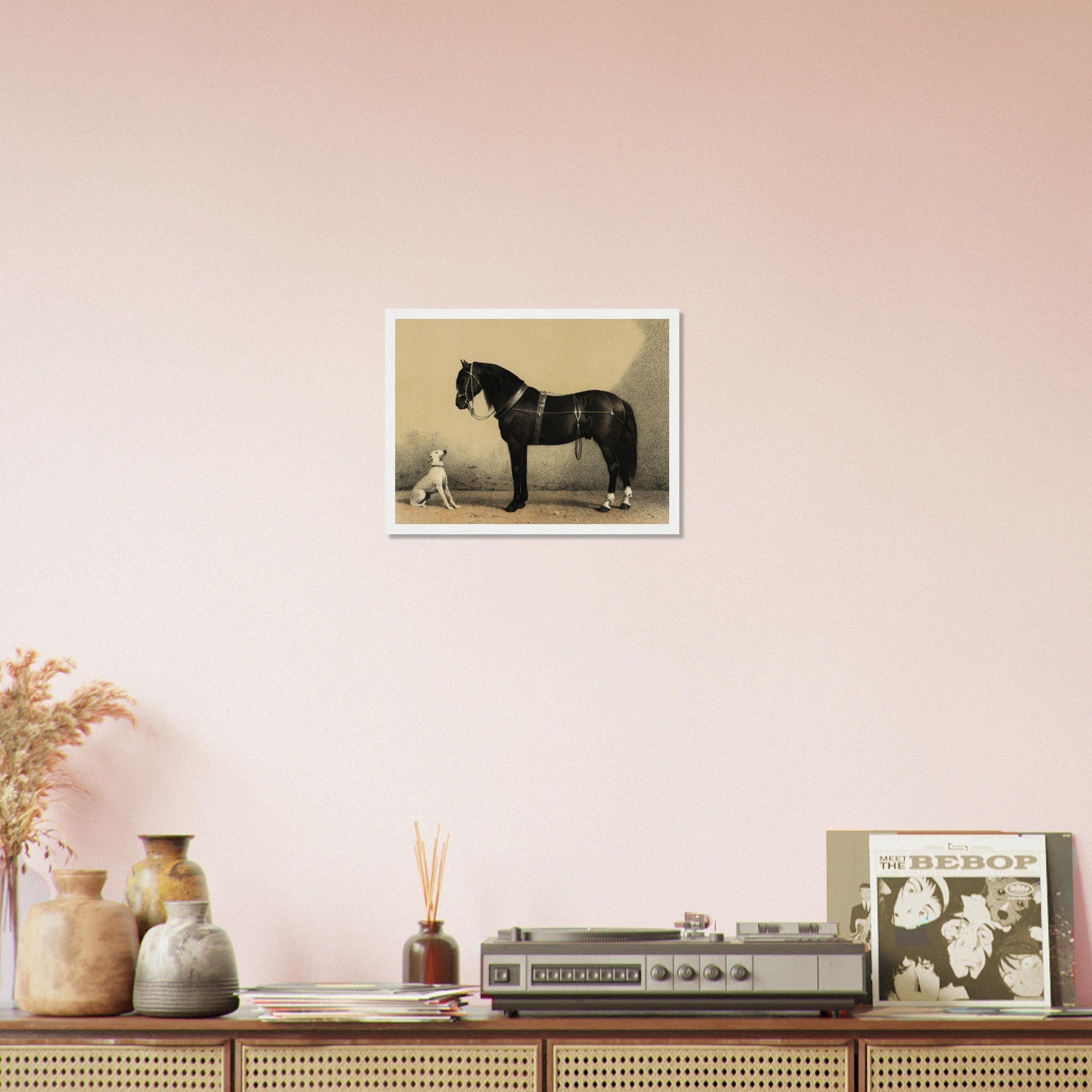 Horse And Dog Framed, Black Orloff Horse Looking At A White Dog, They Are Friends - WallArtPrints4U