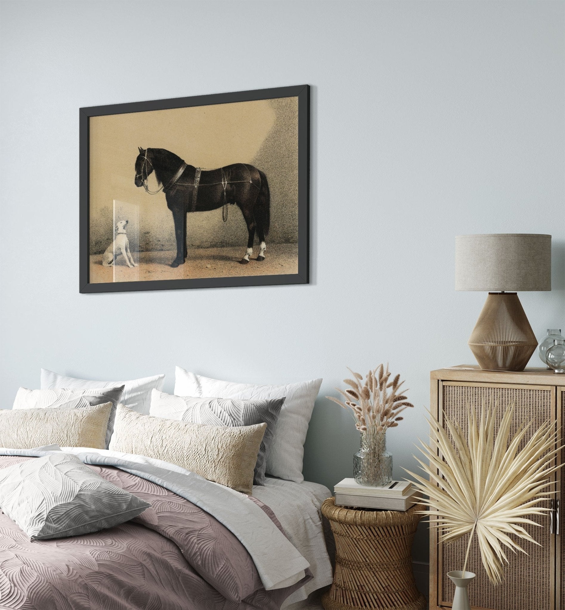Horse And Dog Framed, Black Orloff Horse Looking At A White Dog, They Are Friends - WallArtPrints4U