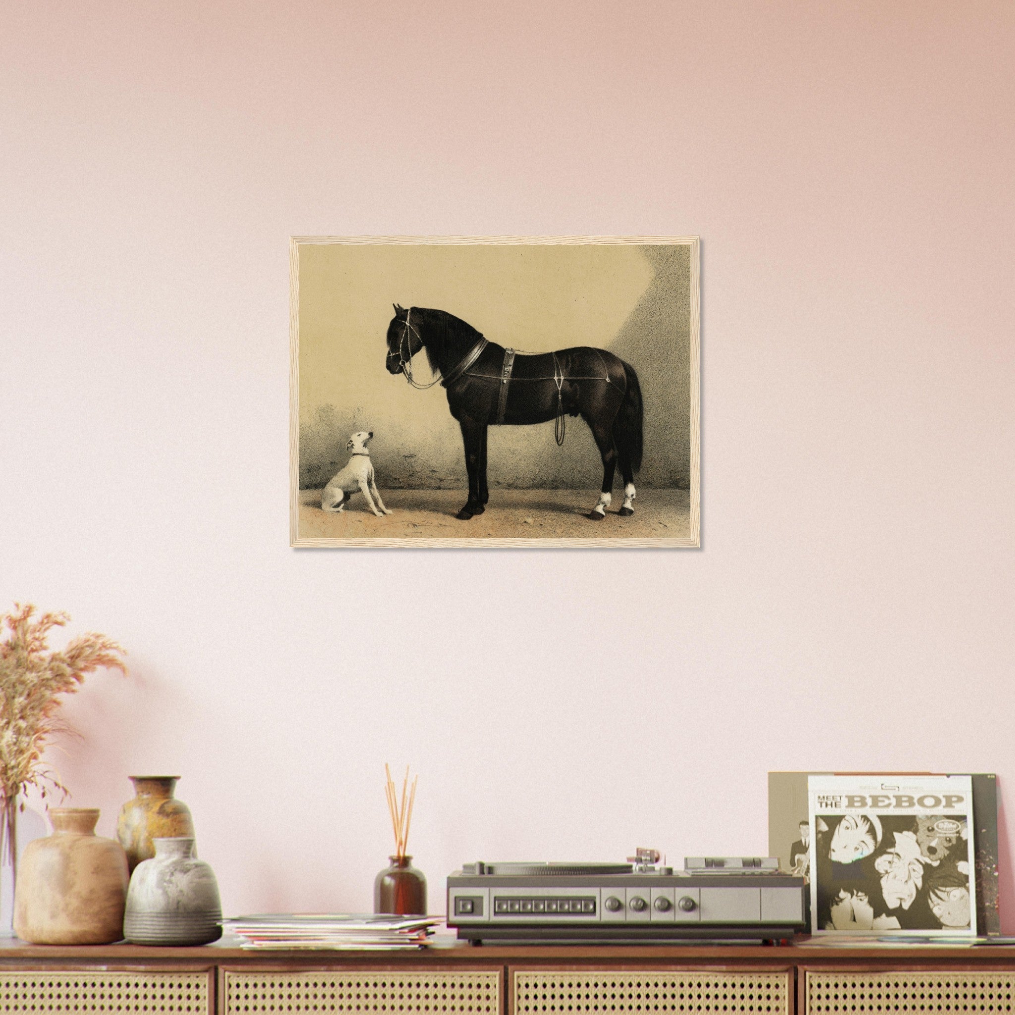 Horse And Dog Framed, Black Orloff Horse Looking At A White Dog, They Are Friends - WallArtPrints4U