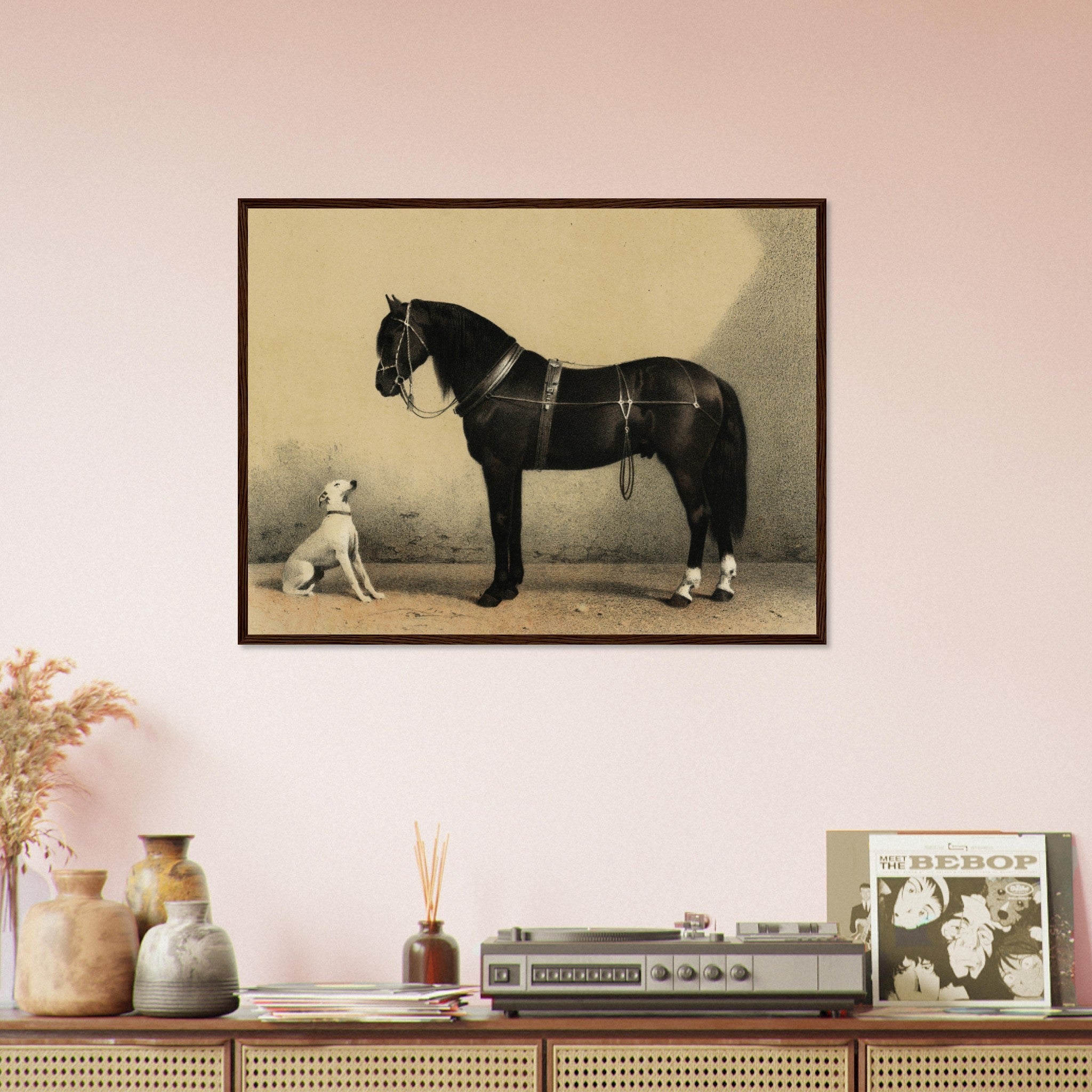 Horse And Dog Framed, Black Orloff Horse Looking At A White Dog, They Are Friends - WallArtPrints4U