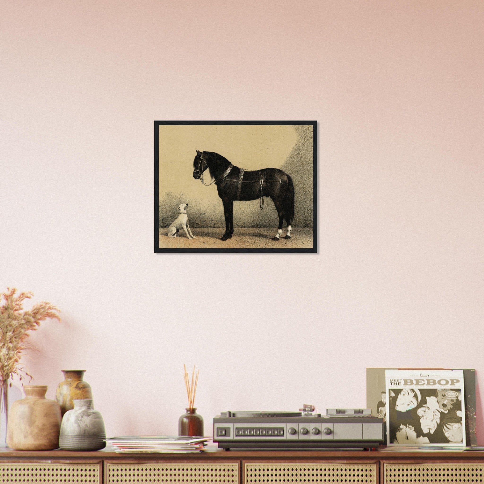 Horse And Dog Framed, Black Orloff Horse Looking At A White Dog, They Are Friends - WallArtPrints4U
