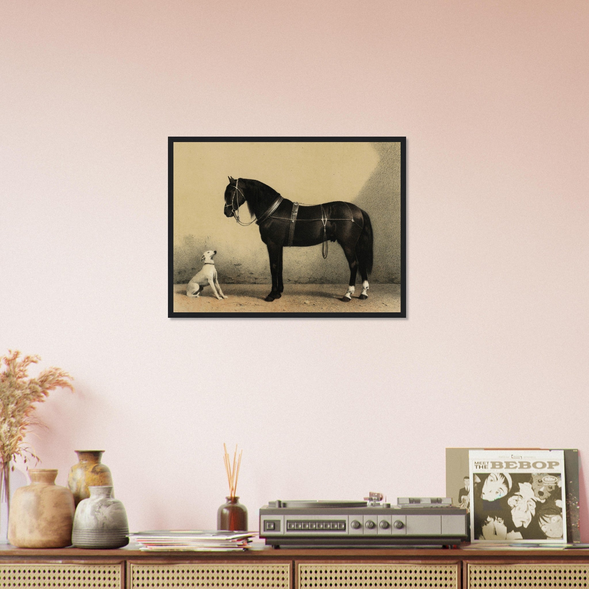 Horse And Dog Framed, Black Orloff Horse Looking At A White Dog, They Are Friends - WallArtPrints4U