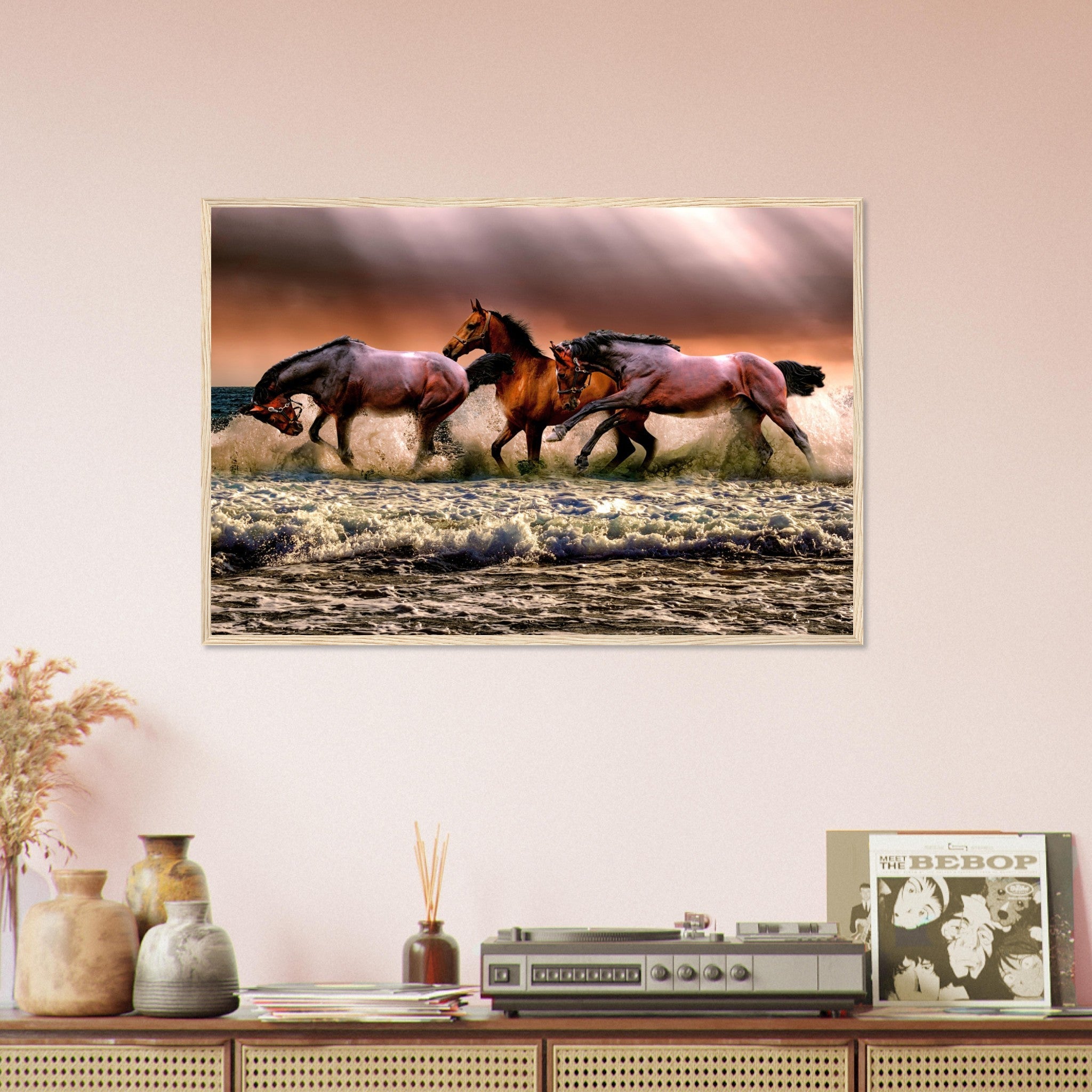 Horse Framed, Horses Running In The Ocean - Horses Running Free Framed Print - WallArtPrints4U