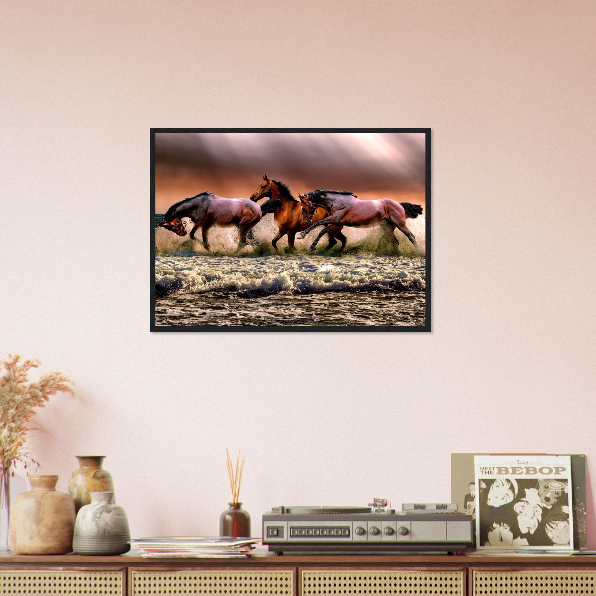 Horse Framed, Horses Running In The Ocean - Horses Running Free Framed Print - WallArtPrints4U
