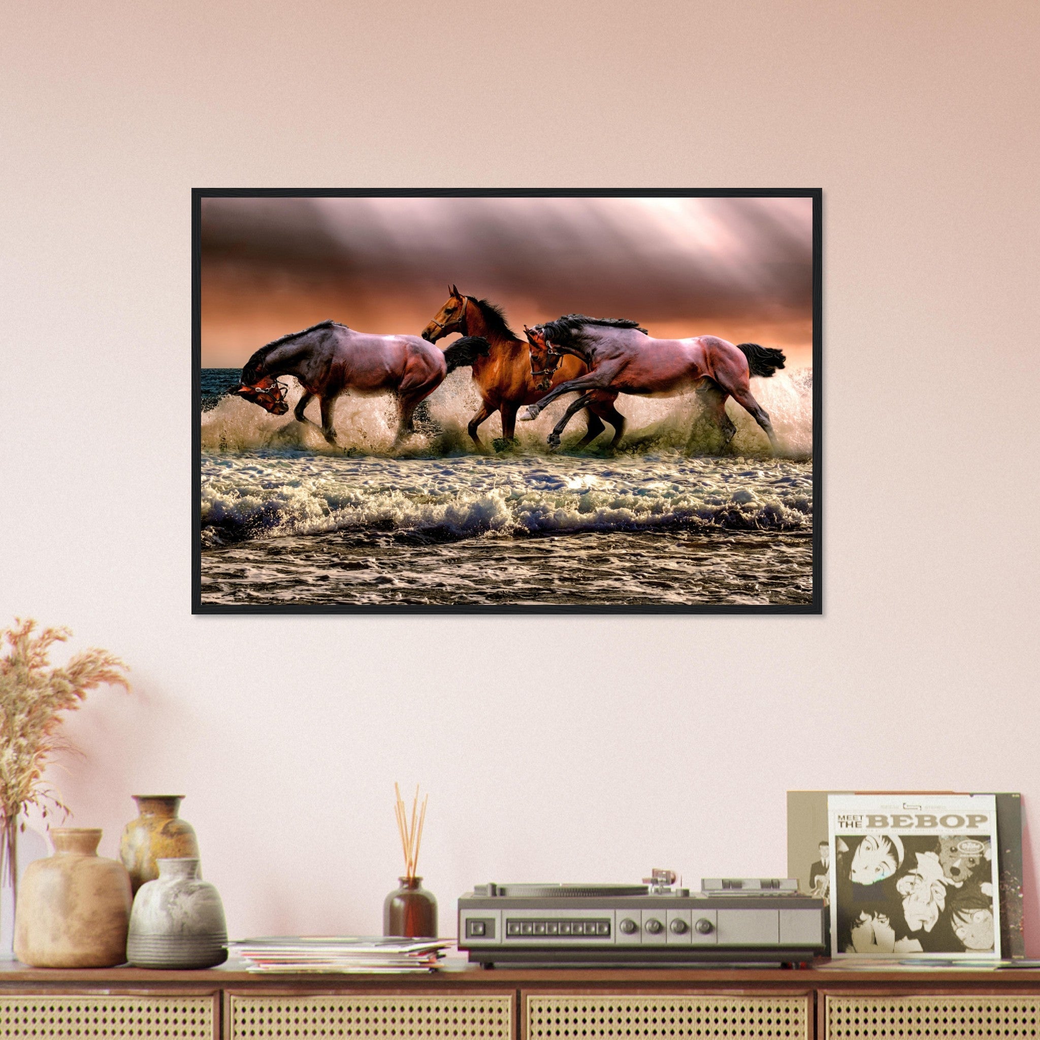 Horse Framed, Horses Running In The Ocean - Horses Running Free Framed Print - WallArtPrints4U