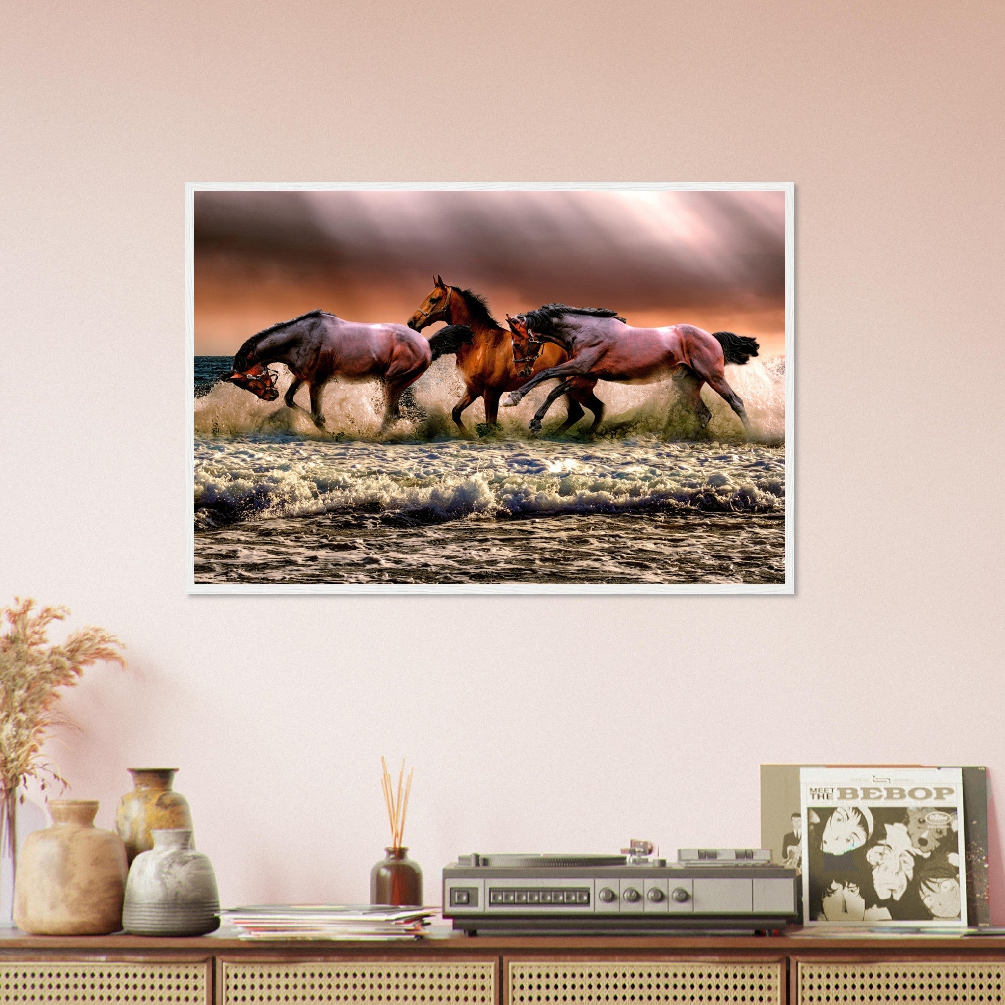 Horse Framed, Horses Running In The Ocean - Horses Running Free Framed Print - WallArtPrints4U