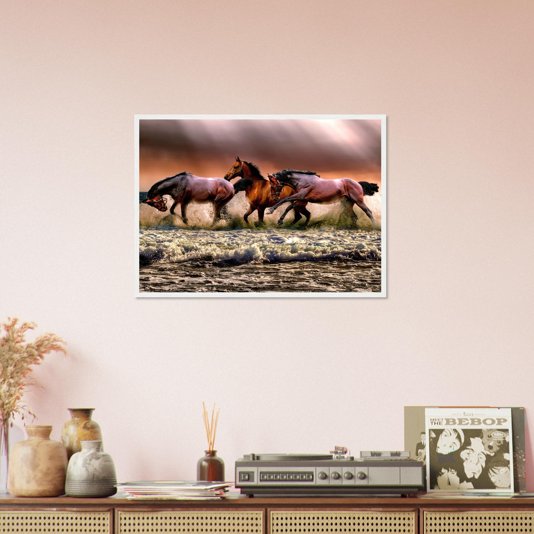 Horse Framed, Horses Running In The Ocean - Horses Running Free Framed Print - WallArtPrints4U