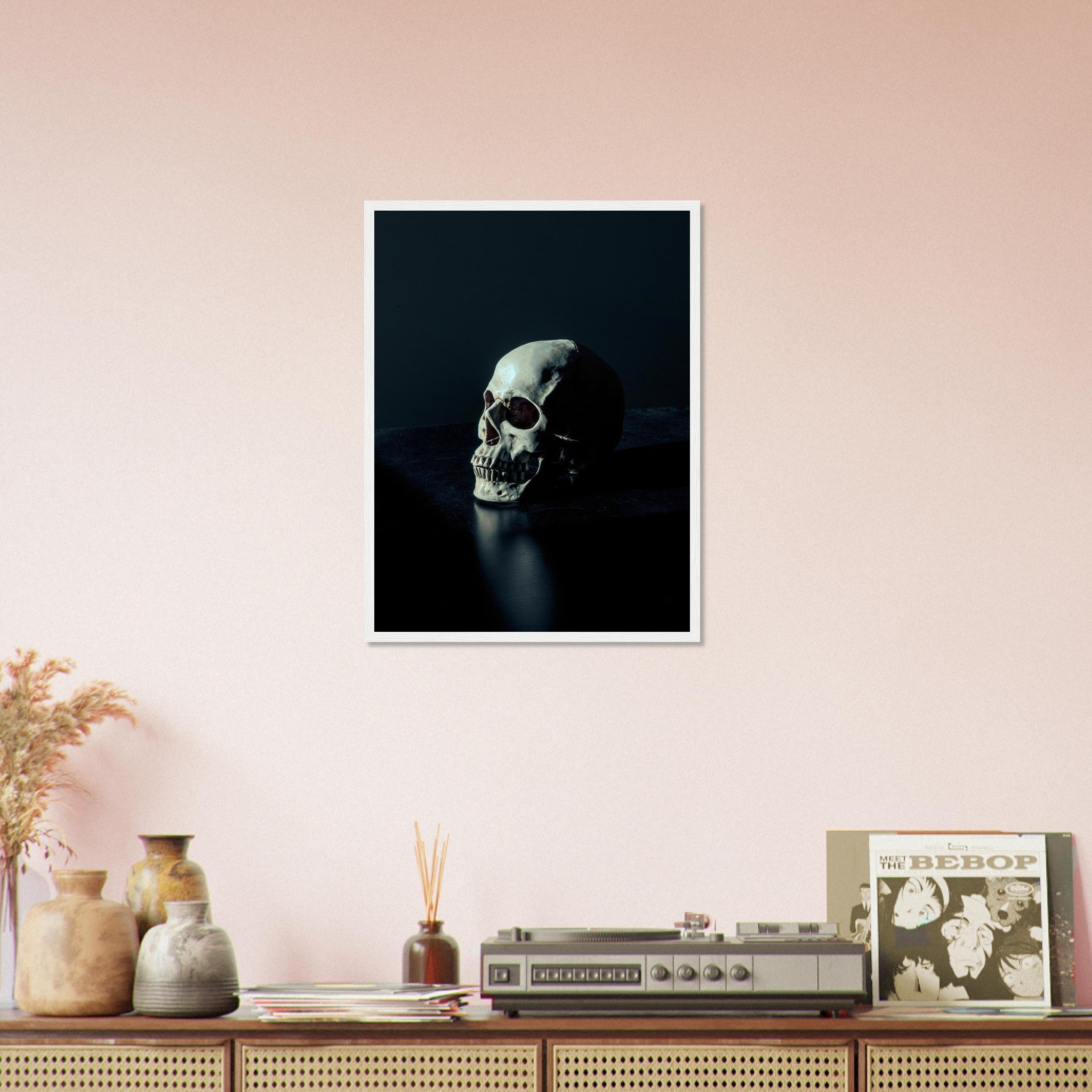 Human Skull Framed, White Skull On Black Surface Framed Print UK, EU, USA, AUS Domestic Shipping - WallArtPrints4U