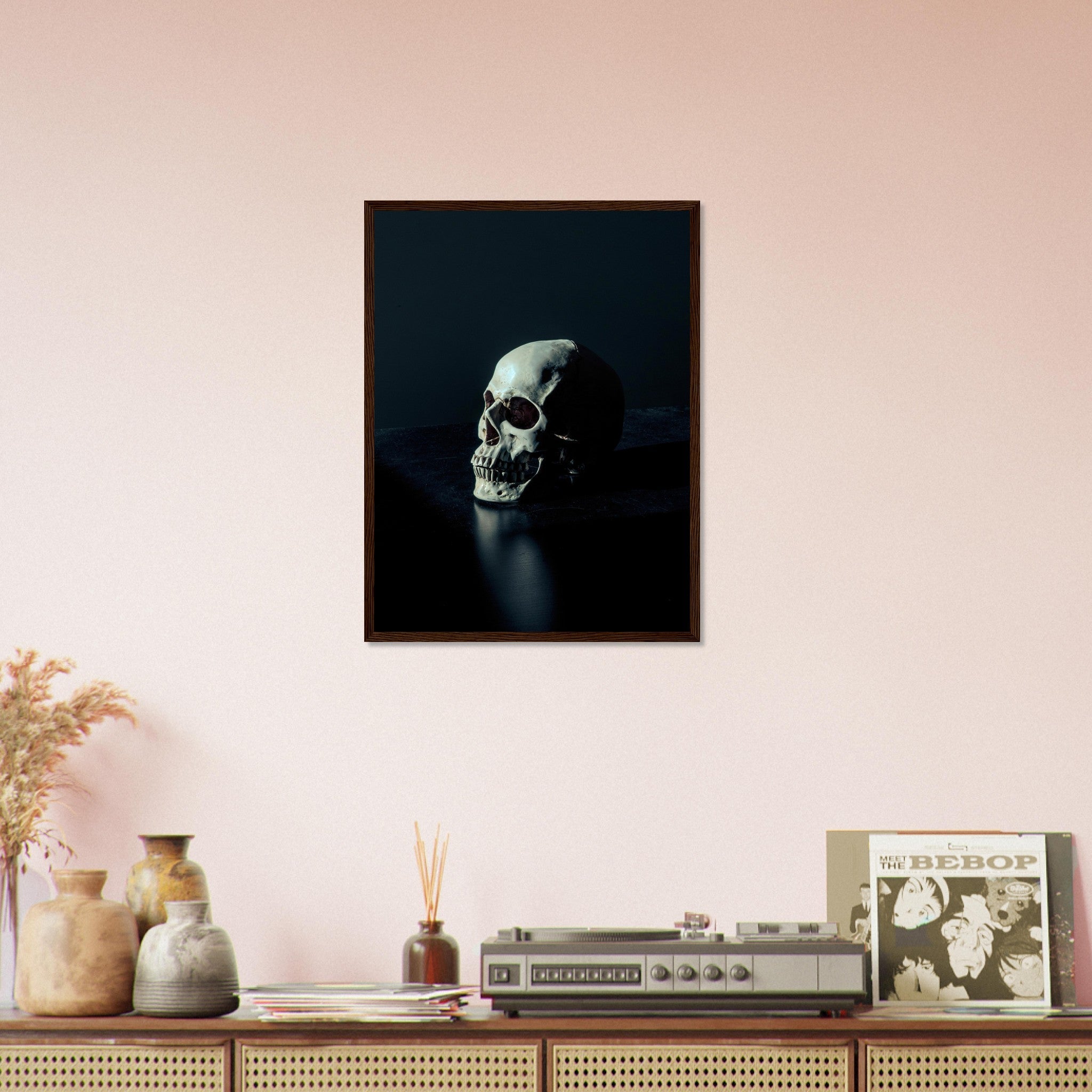 Human Skull Framed, White Skull On Black Surface Framed Print UK, EU, USA, AUS Domestic Shipping - WallArtPrints4U