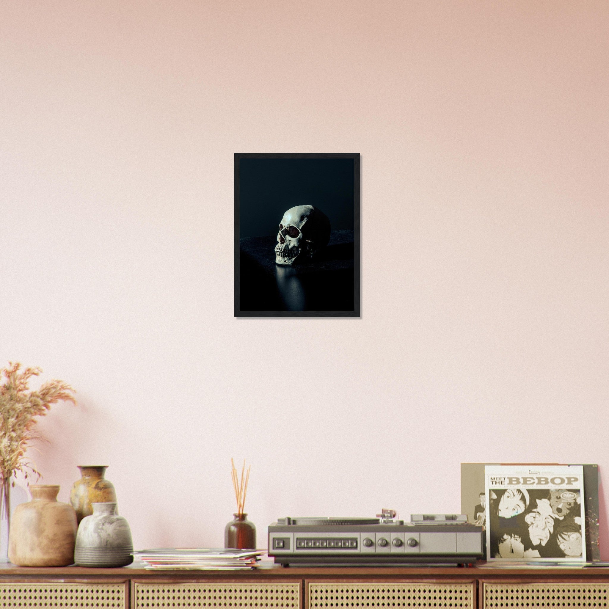 Human Skull Framed, White Skull On Black Surface Framed Print UK, EU, USA, AUS Domestic Shipping - WallArtPrints4U