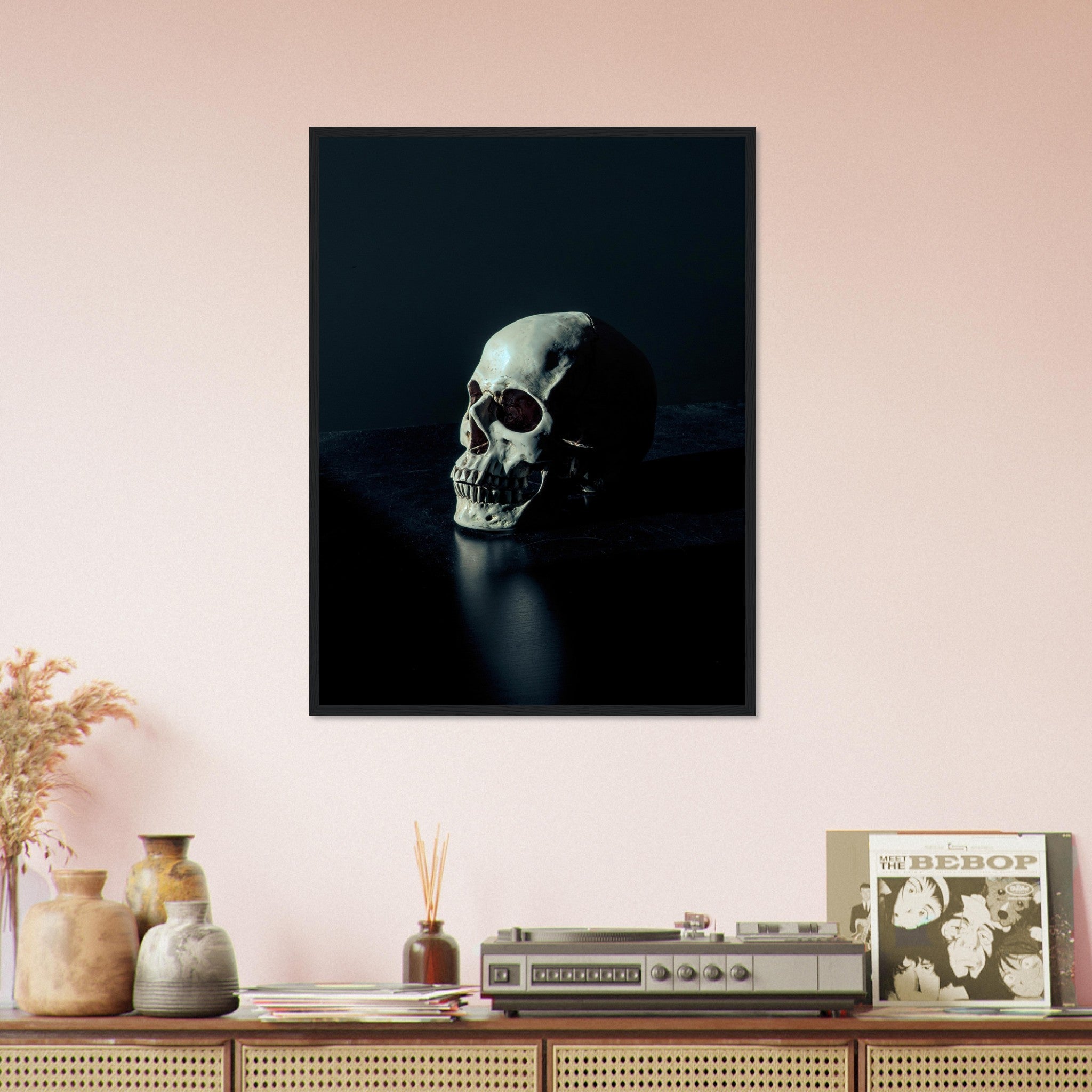 Human Skull Framed, White Skull On Black Surface Framed Print UK, EU, USA, AUS Domestic Shipping - WallArtPrints4U