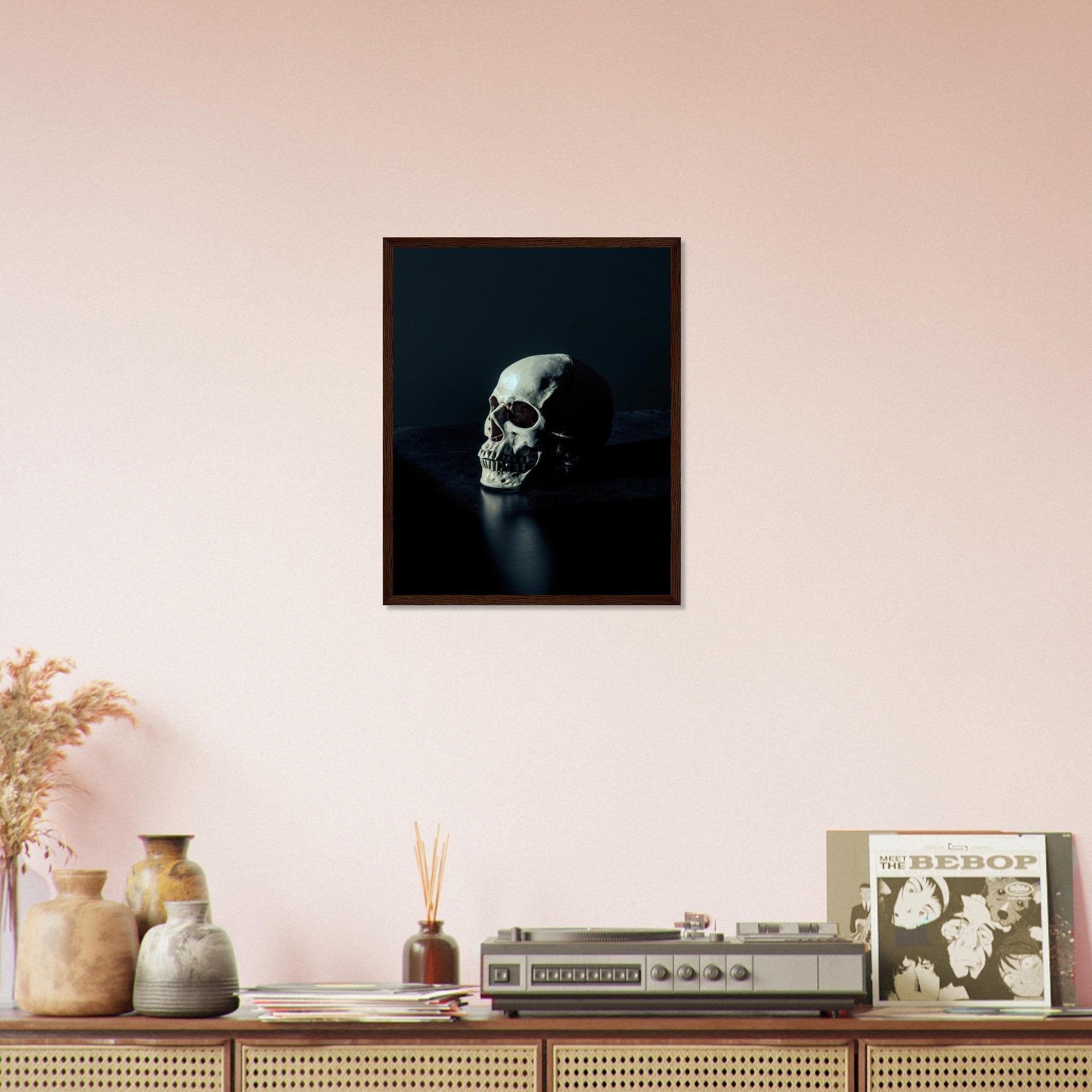 Human Skull Framed, White Skull On Black Surface Framed Print UK, EU, USA, AUS Domestic Shipping - WallArtPrints4U