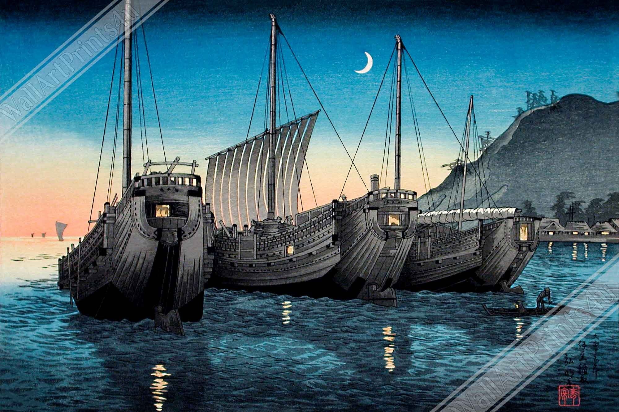 Japanese Art Canvas Print Takahashi Shotei Hiroaki Canvas Junks (Ships) In Inatori Bay - WallArtPrints4U