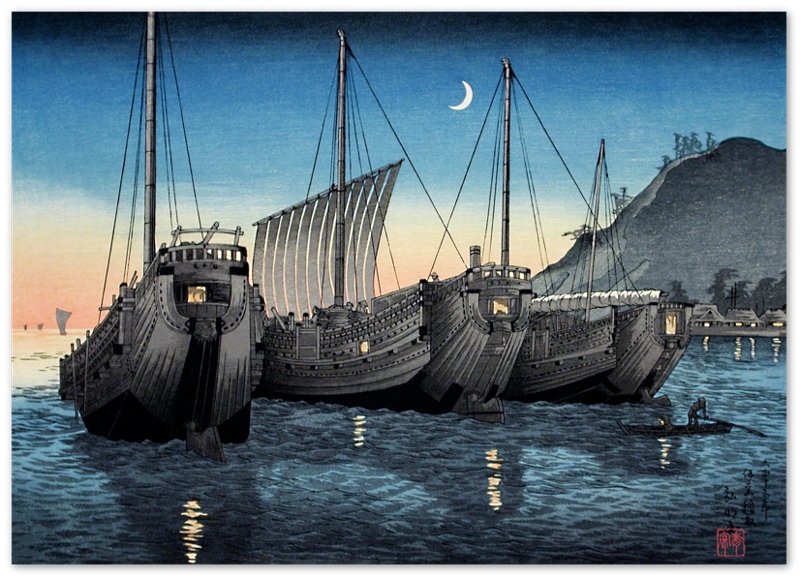 Japanese Art Poster Takahashi Shotei Hiroaki Print Junks (Ships) In Inatori Bay - WallArtPrints4U