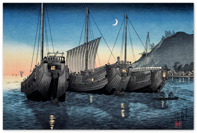 Japanese Art Poster Takahashi Shotei Hiroaki Print Junks (Ships) In Inatori Bay - WallArtPrints4U