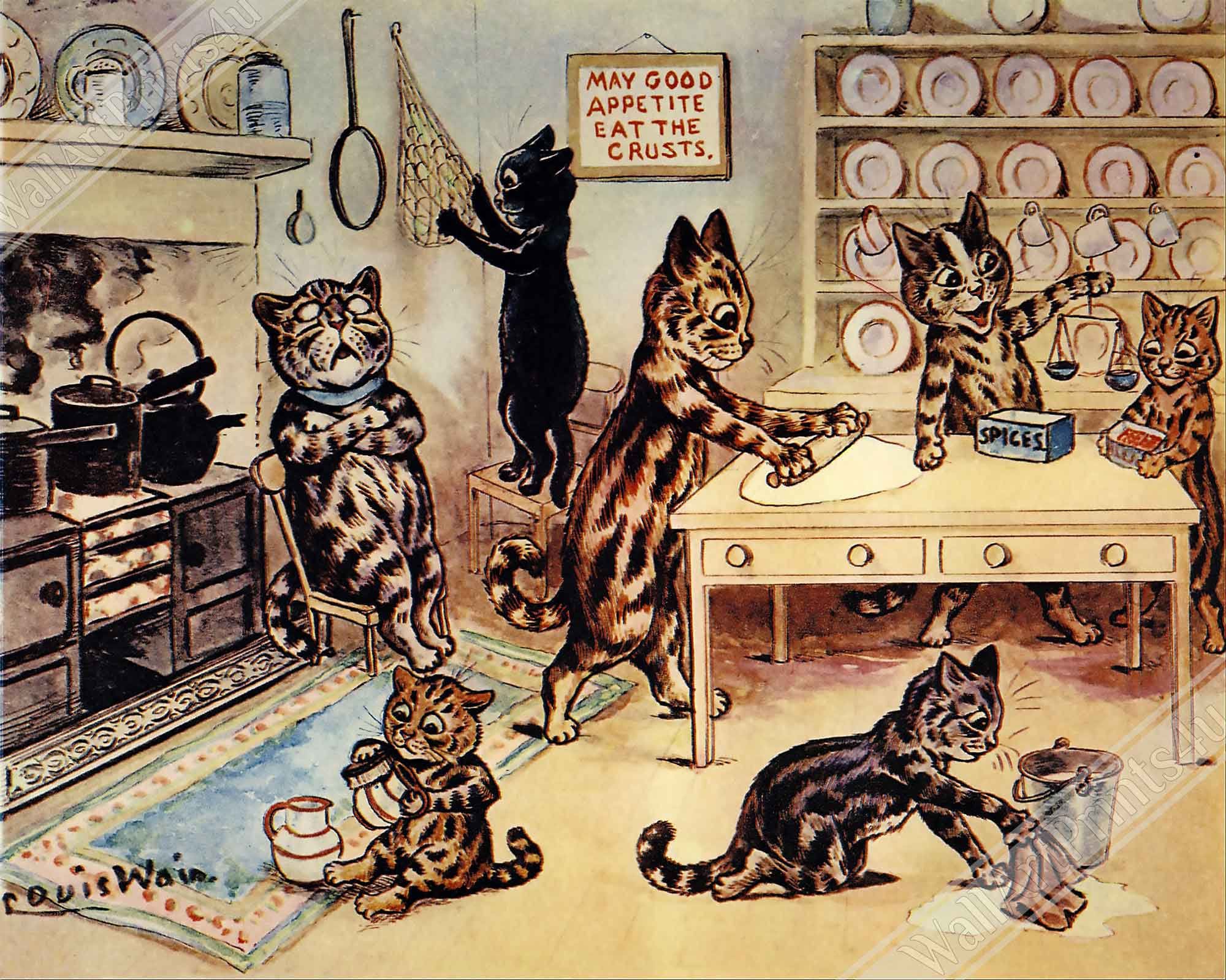 Louis Wain Poster - Kittens In The Kitchen - Louis Wain Cat Print - WallArtPrints4U