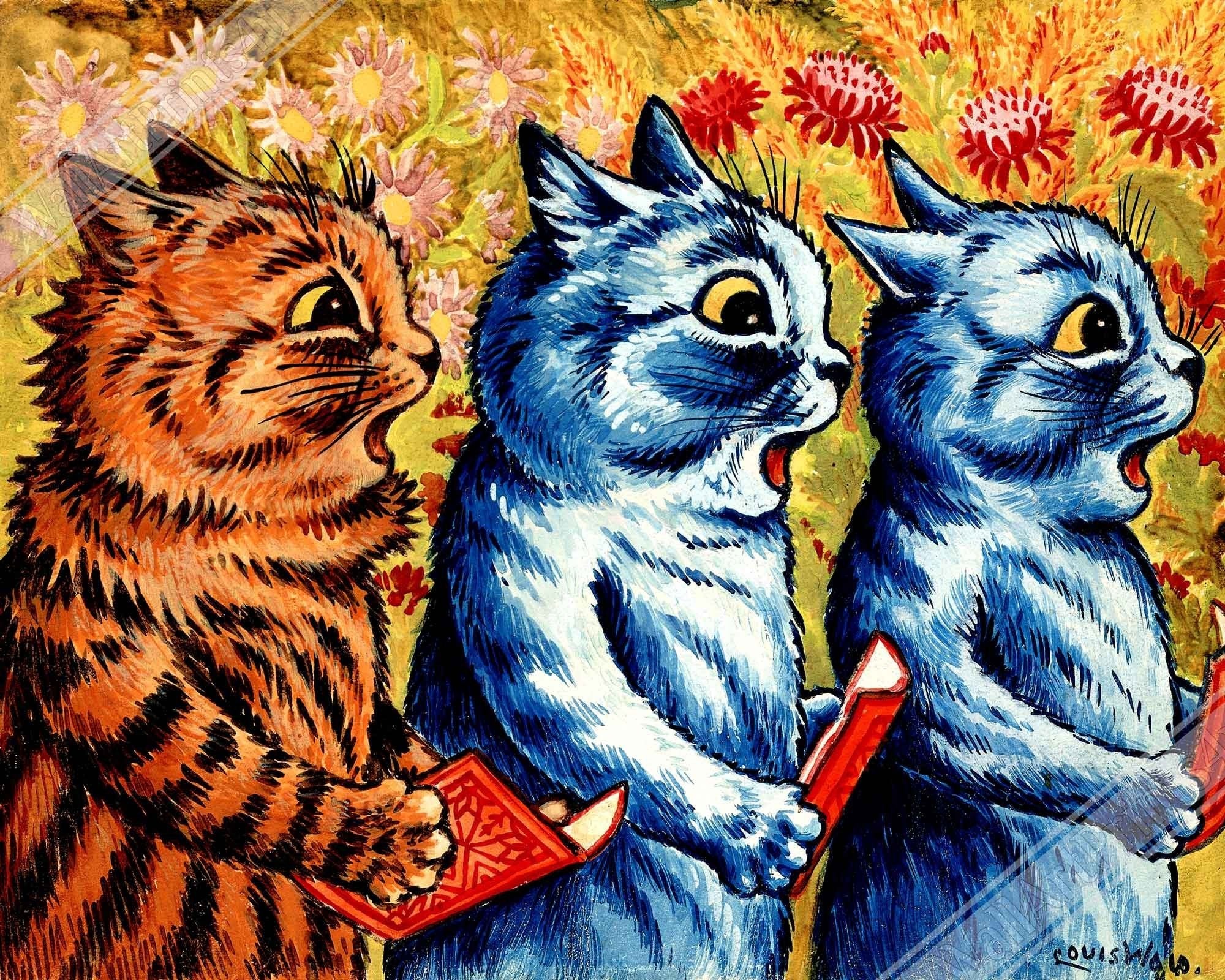 Louis Wain Print - 3 Cats Singing - Louis Wain Cat Poster - WallArtPrints4U