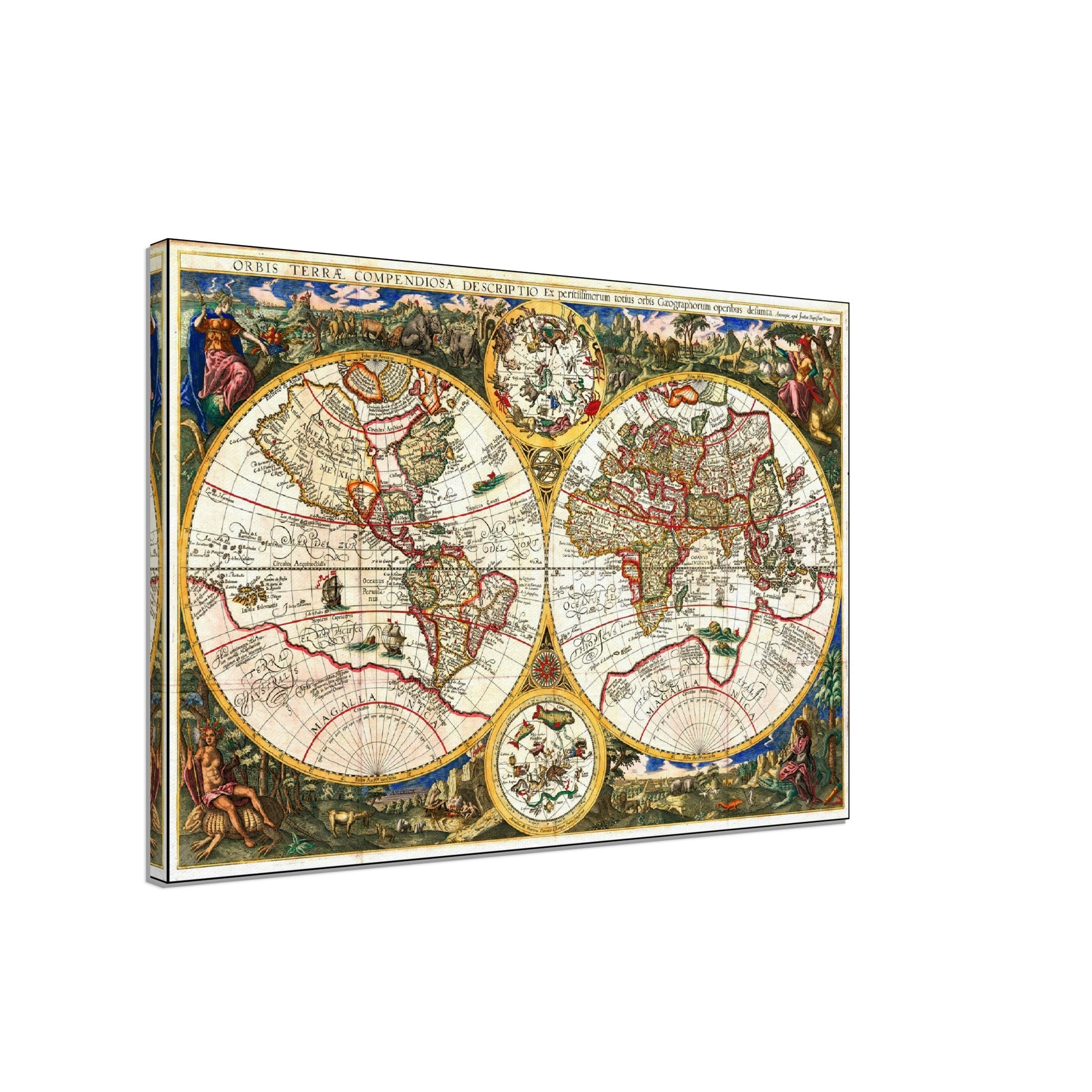 Old World Map Canvas, Vintage World Map Canvas Print From 1596, Orbis Terrae Compendiosa, Johannes Baptista Vrients - WallArtPrints4U
