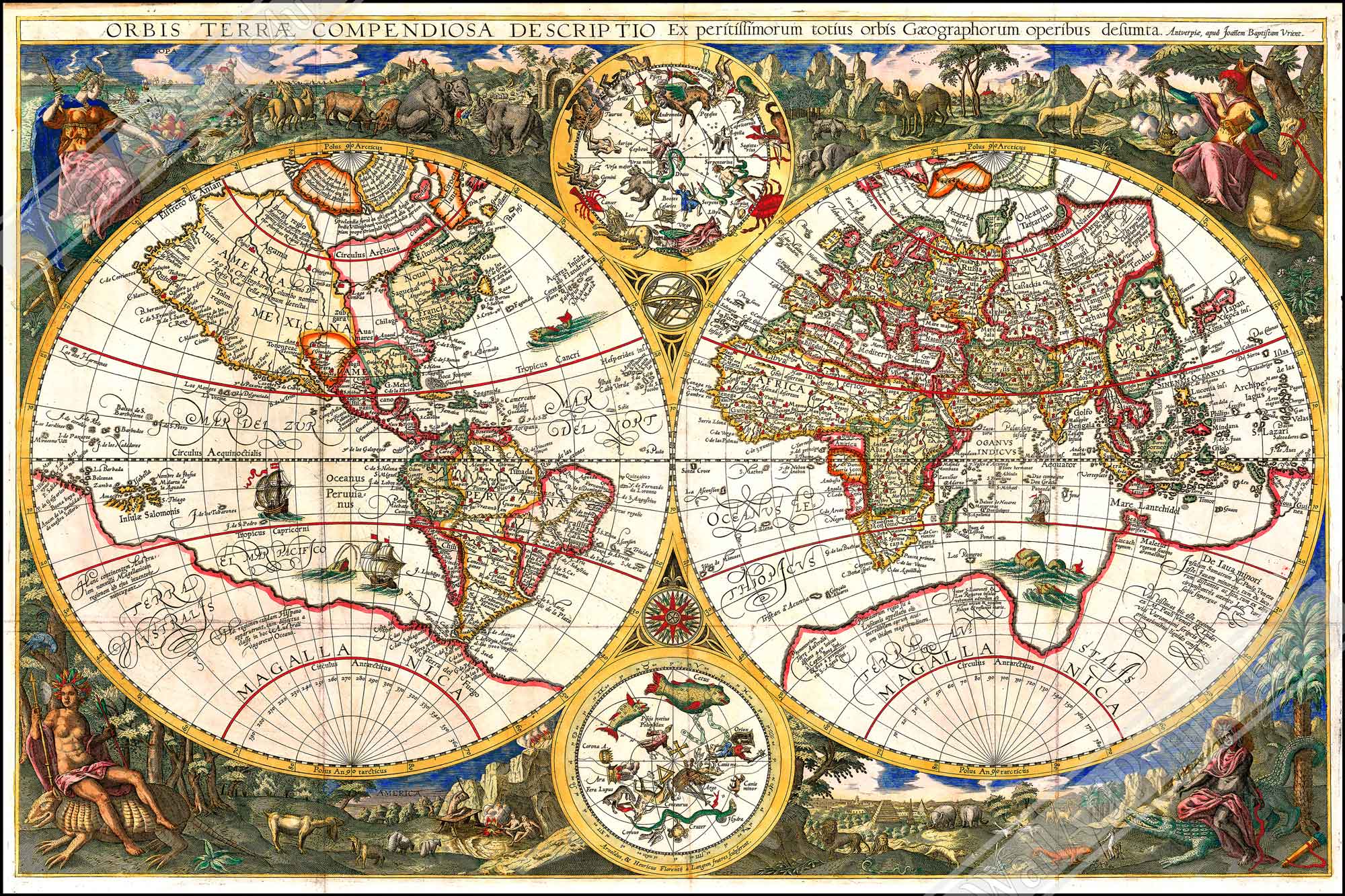 Old World Map Framed, Vintage World Map Framed Print From 1596, Orbis Terrae Compendiosa, Johannes Baptista Vrients - WallArtPrints4U