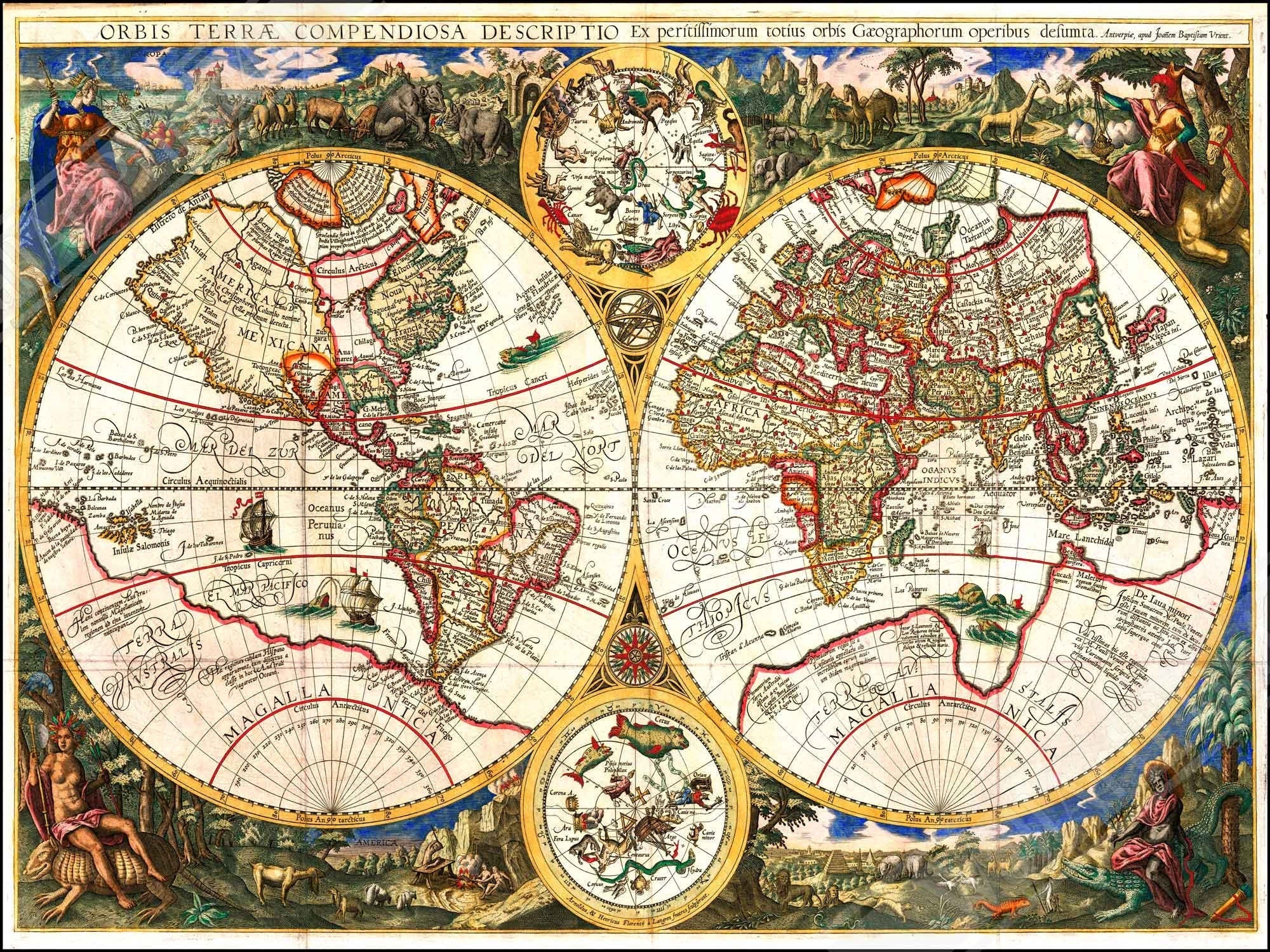 Old World Map Poster, Vintage World Map Print From 1596, Orbis Terrae Compendiosa, Johannes Baptista Vrients - WallArtPrints4U