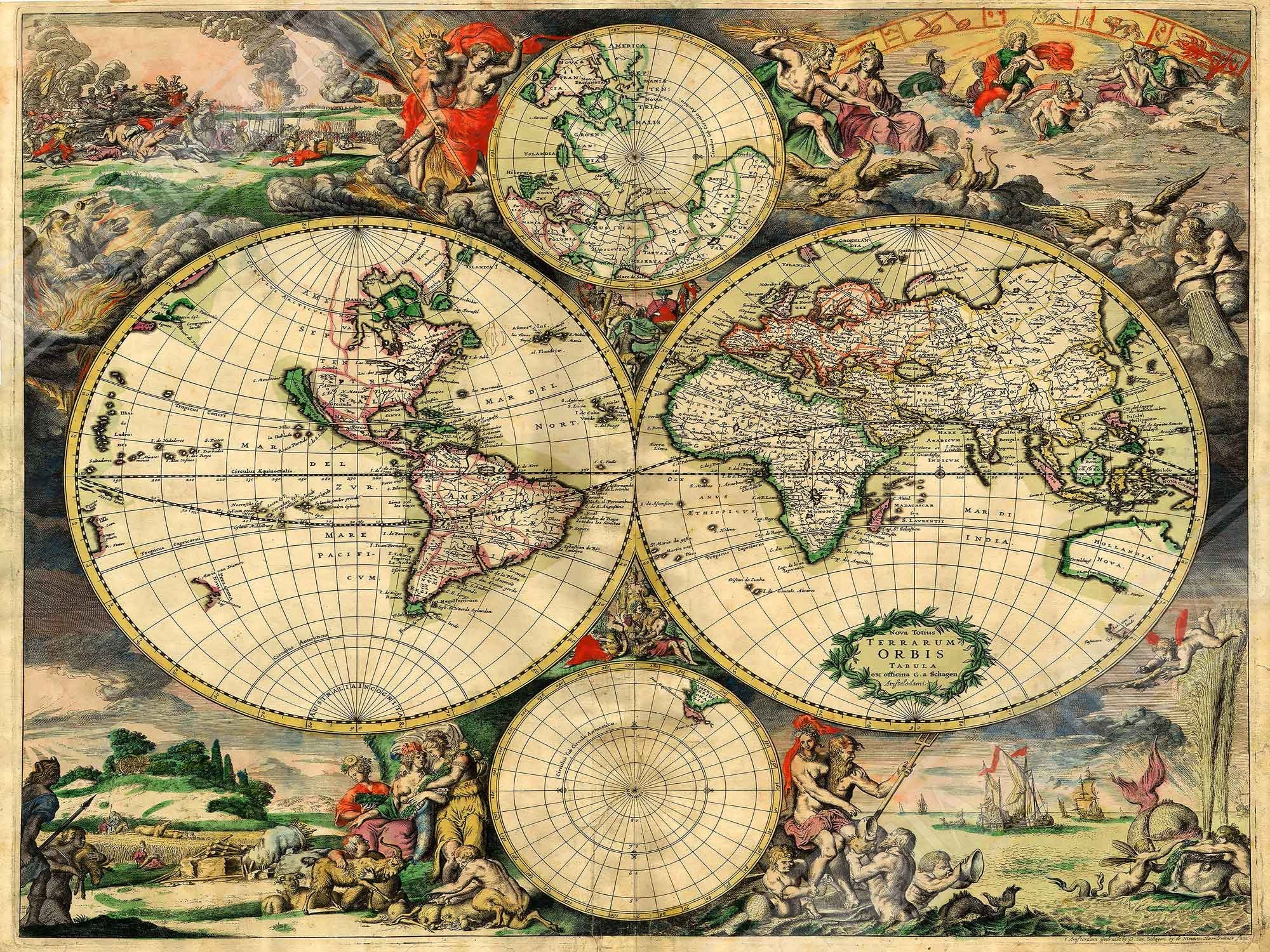 Old World Map Poster, Vintage World Map Print From 1689, Terrarum Orbis Tabula Amstelodami, Gerard Van Schagen - WallArtPrints4U