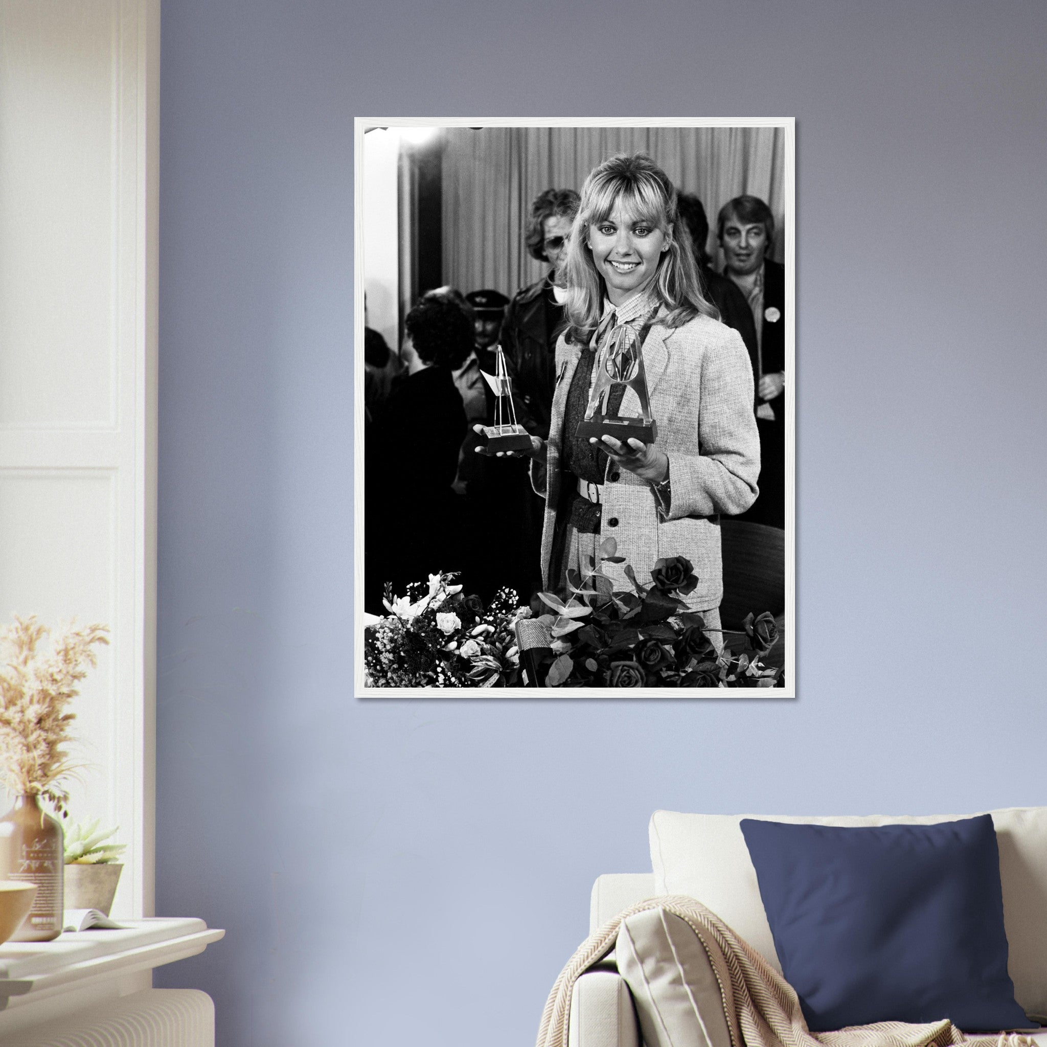 Olivia Newton John Framed Posing To Press With Awards, Vintage Photo, Olivia Newton John Framed Print Schipol Airport - WallArtPrints4U