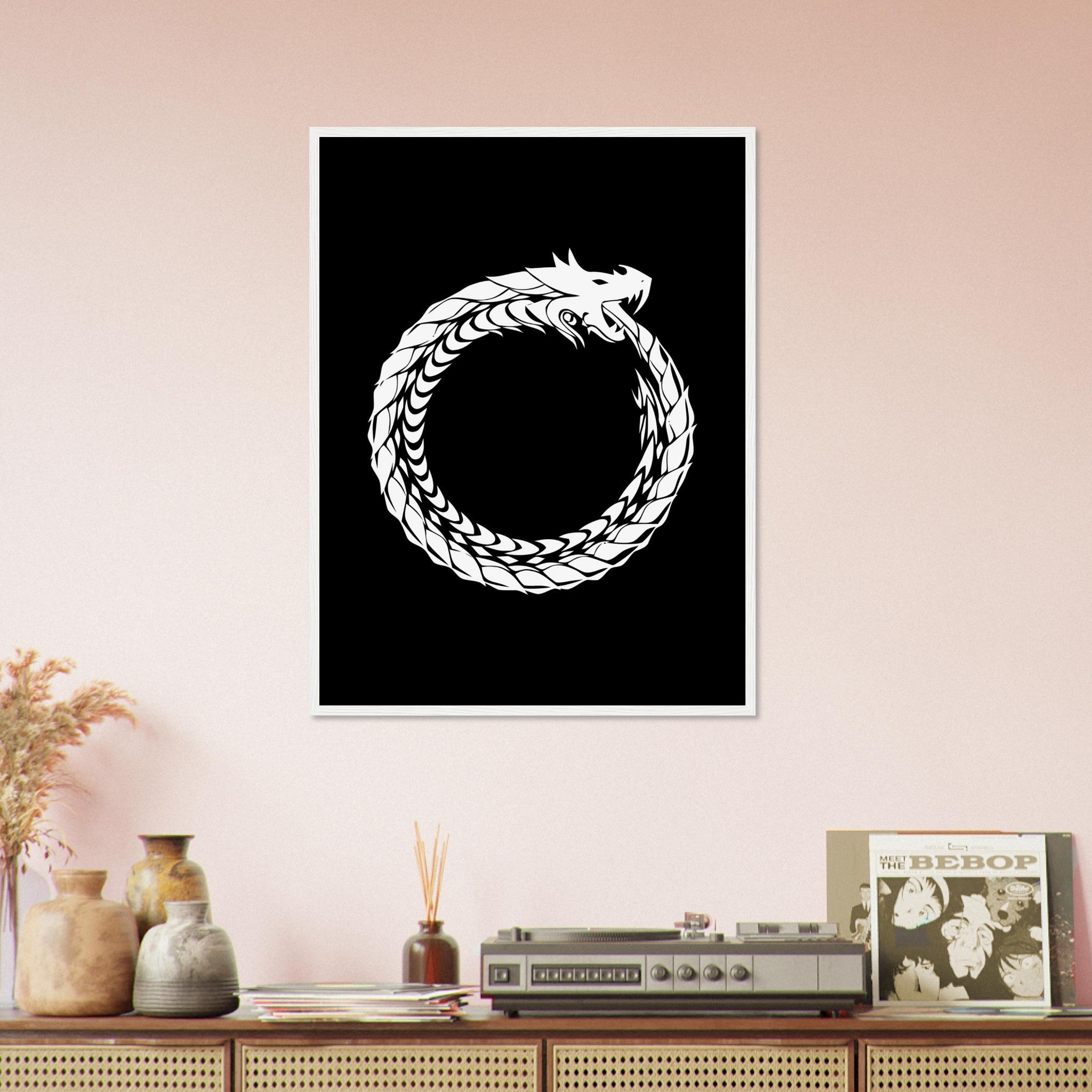 Ouroboros Framed - World Snake Framed White - Uroboros Framed Print White On Black UK, EU, USA, AUS Domestic Shipping - WallArtPrints4U