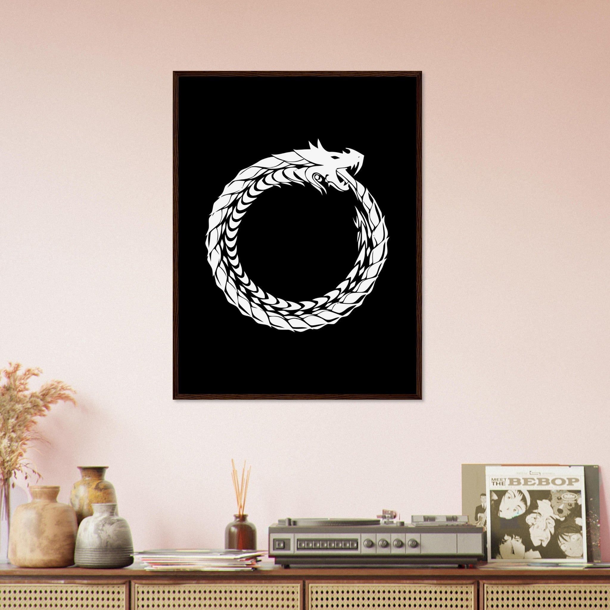 Ouroboros Framed - World Snake Framed White - Uroboros Framed Print White On Black UK, EU, USA, AUS Domestic Shipping - WallArtPrints4U