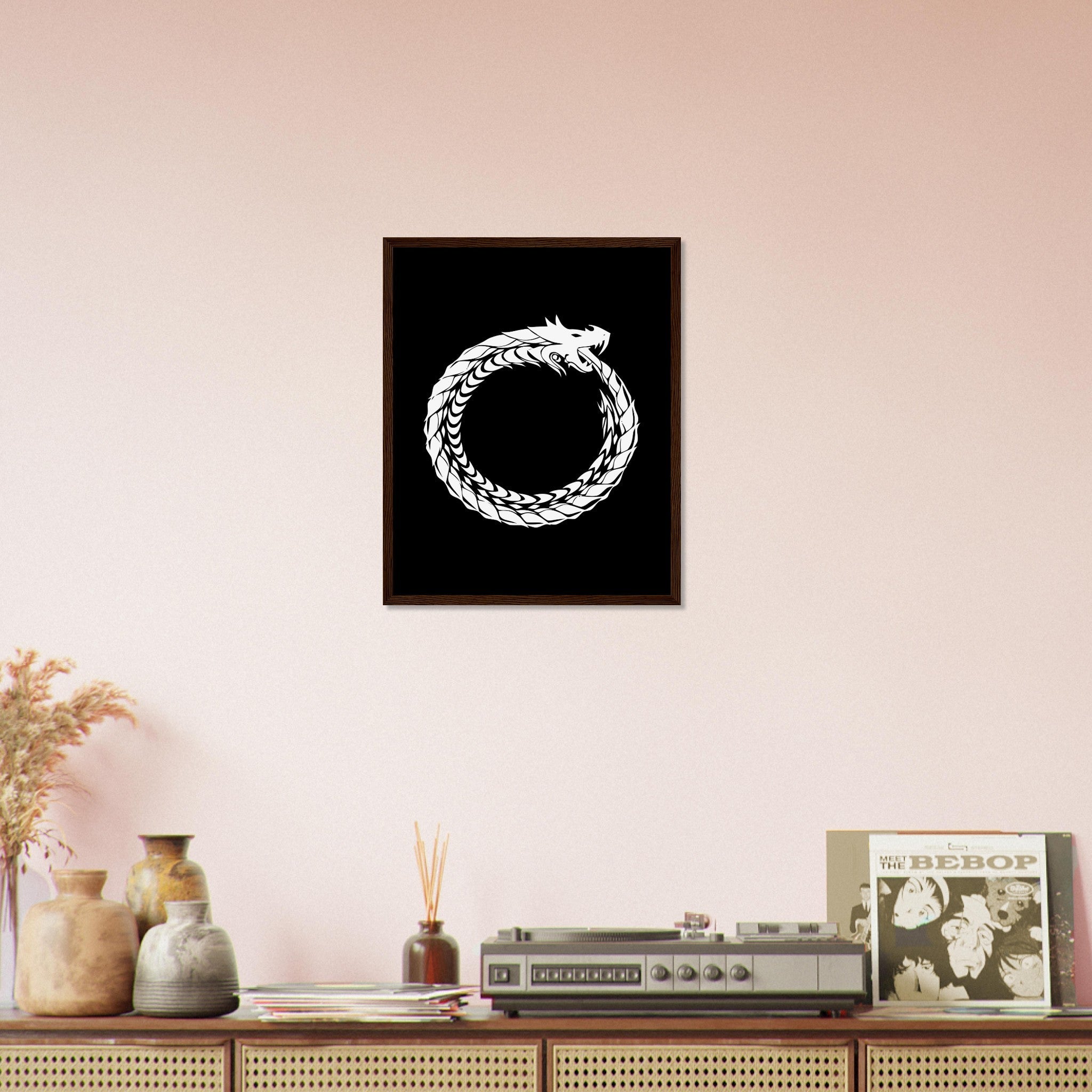 Ouroboros Framed - World Snake Framed White - Uroboros Framed Print White On Black UK, EU, USA, AUS Domestic Shipping - WallArtPrints4U