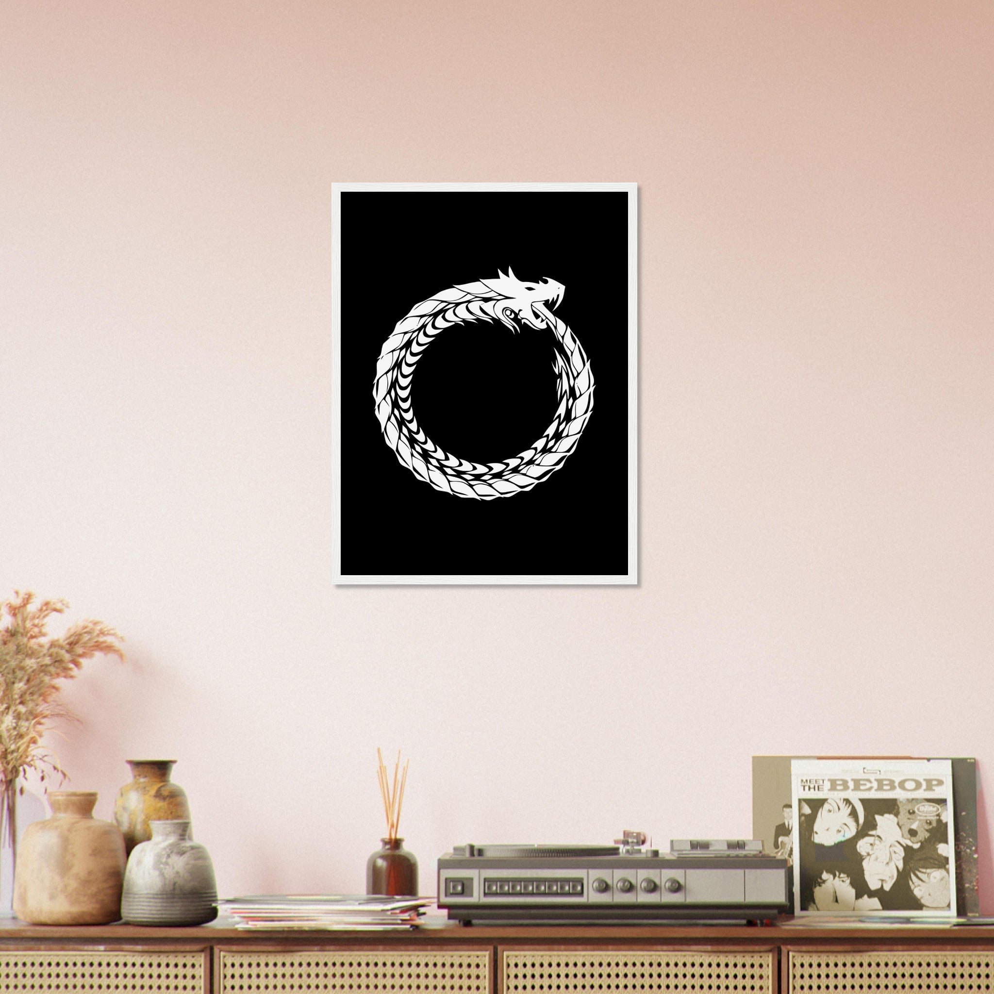 Ouroboros Framed - World Snake Framed White - Uroboros Framed Print White On Black UK, EU, USA, AUS Domestic Shipping - WallArtPrints4U