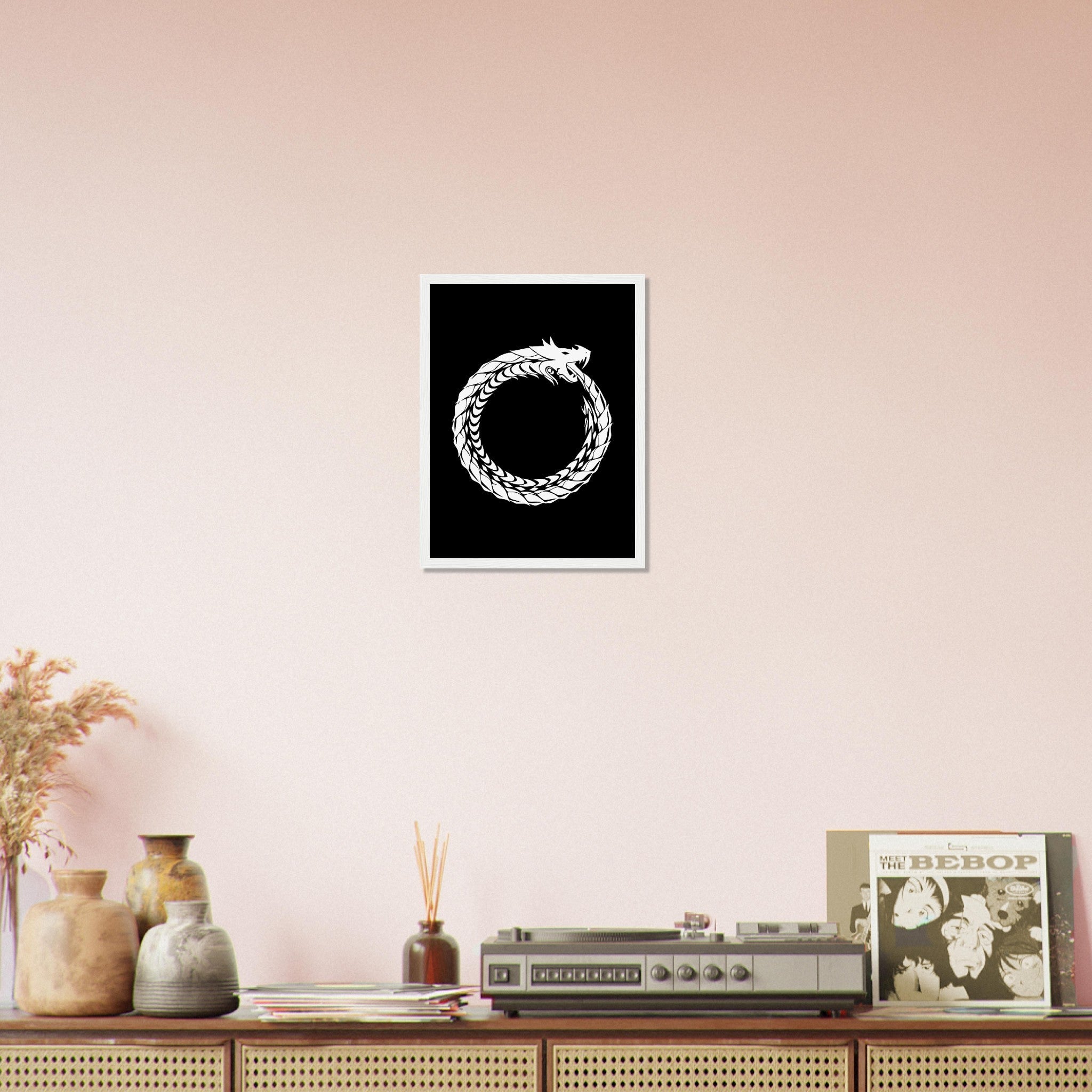 Ouroboros Framed - World Snake Framed White - Uroboros Framed Print White On Black UK, EU, USA, AUS Domestic Shipping - WallArtPrints4U